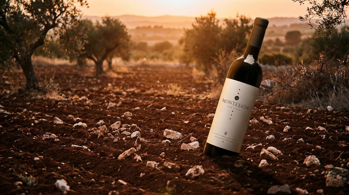 mallorca wine terroir — Freshly turned iron-rich reddish earth, scattered limestone fragments, warm Mediterranean golden hour light, rustic and authentic terroir atmosphere, soft shadows.