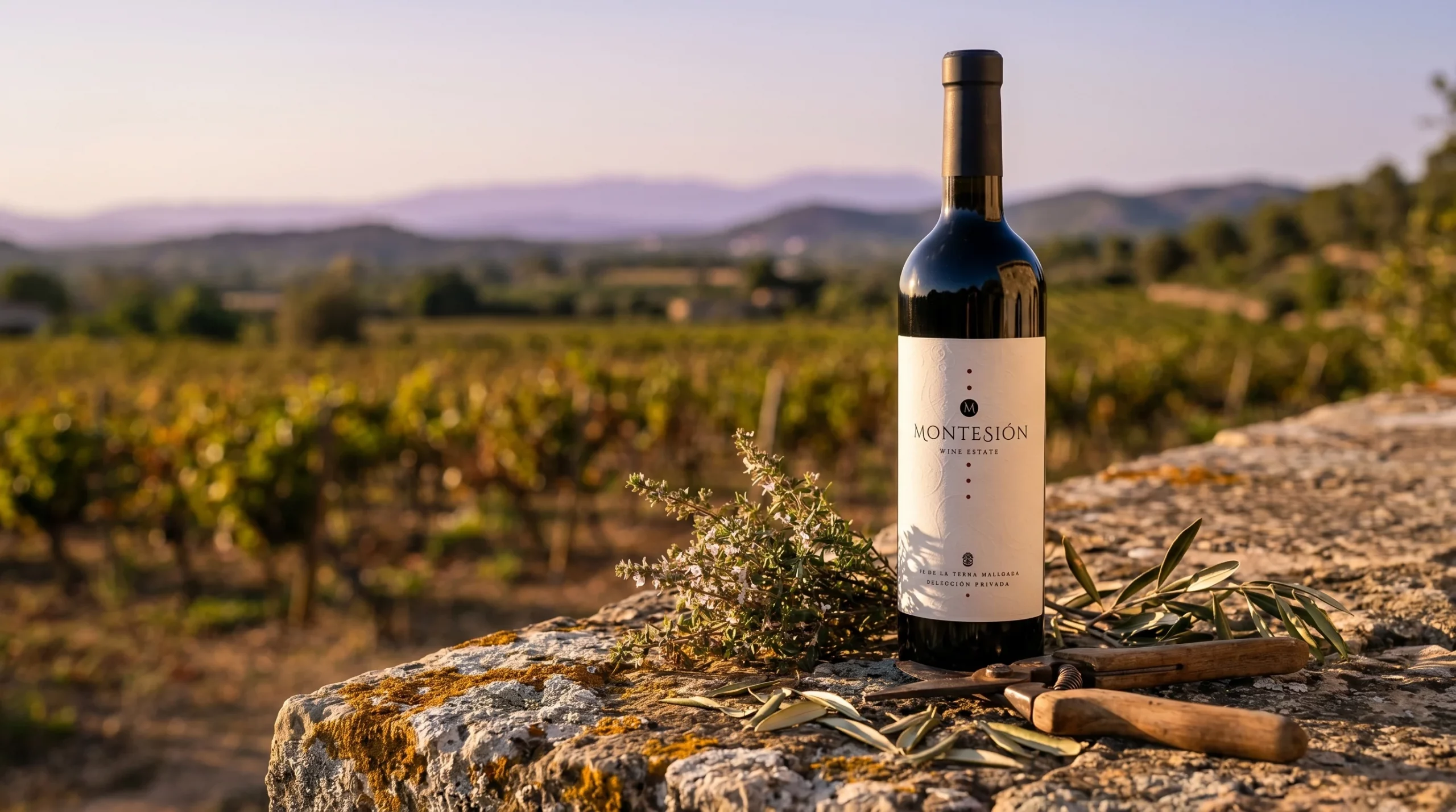 mallorca wine terroir — Freshly turned crimson earth in a vineyard, Mediterranean golden hour light, limestone rocks, wild herbs, rustic and authentic atmosphere.