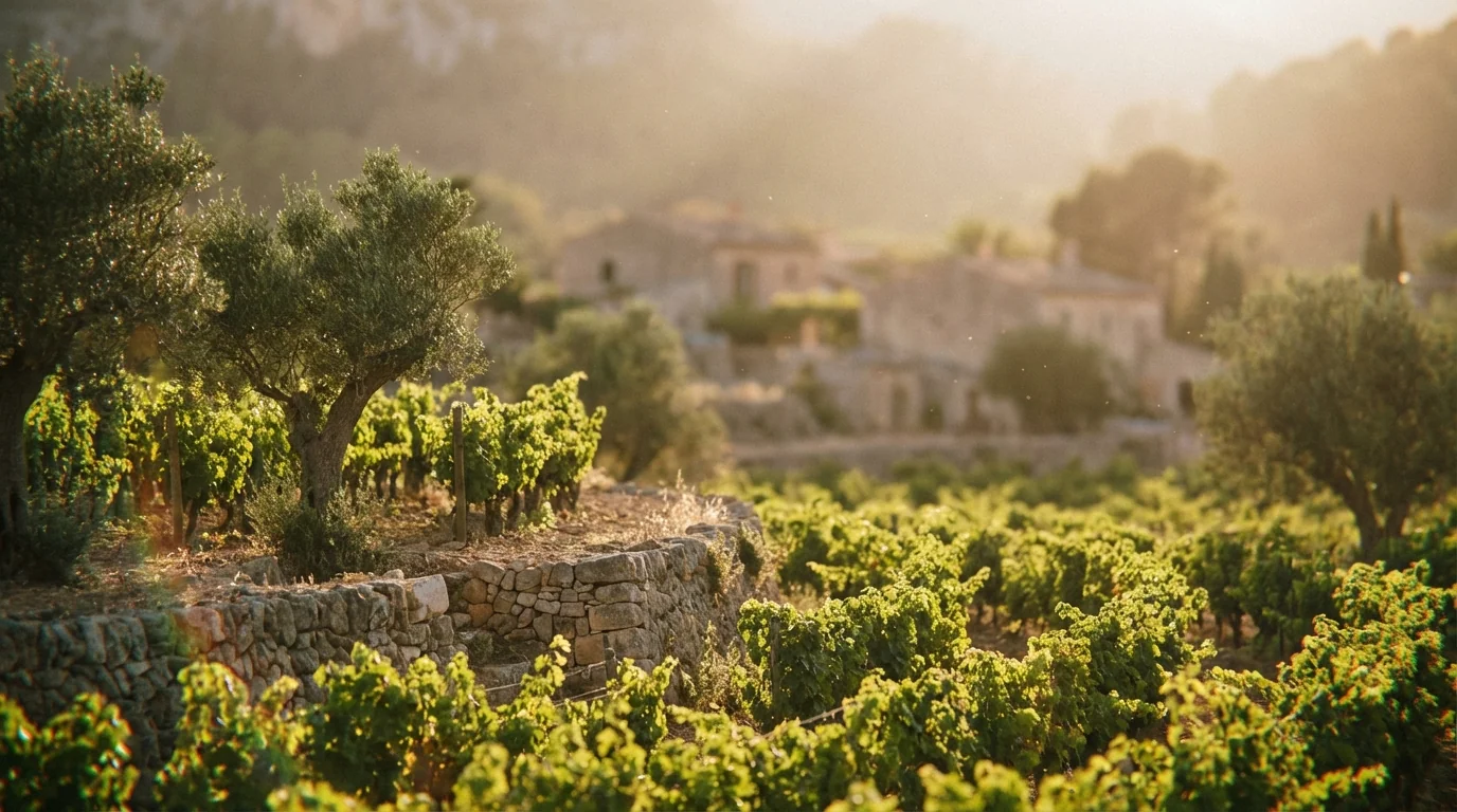 organic wine Spain — Biodynamic vineyard in Mallorca, lush green vines, Mediterranean sunlight, stone walls, authentic rustic atmosphere, high quality photography
