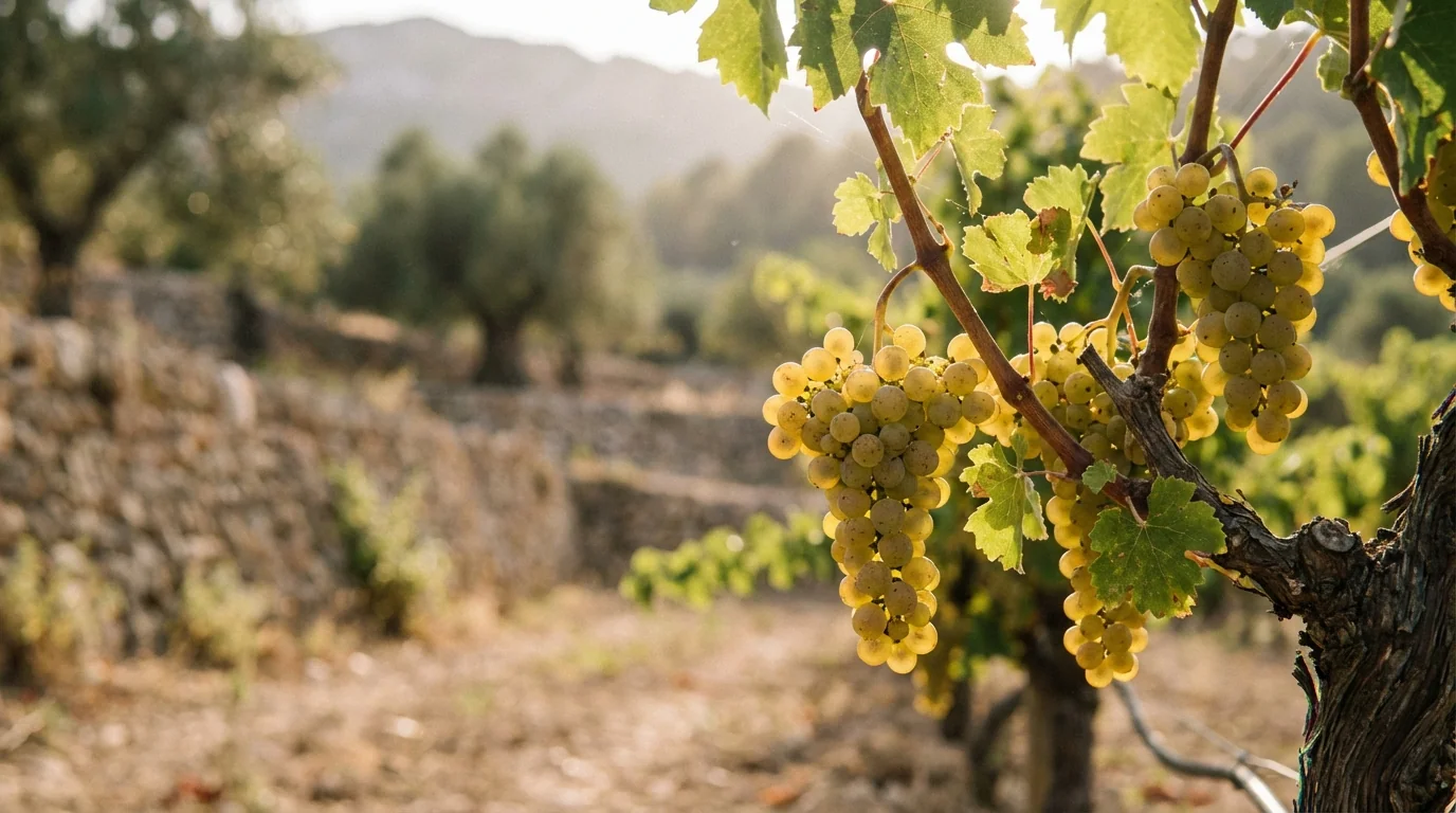 montesión viognier 2023 — Close-up of Viognier grapes on the vine, sun-drenched Mallorca vineyard, soft natural lighting, high resolution, professional photography.