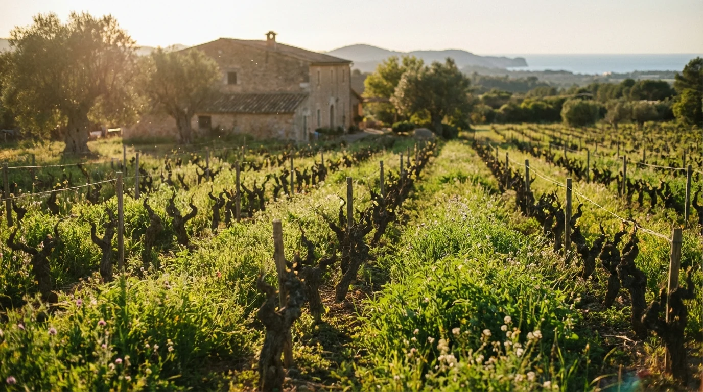 natural wine Spain — Biodynamic vineyard in Mallorca, rows of indigenous vines, golden hour sunlight, lush green cover crops, authentic rustic atmosphere.