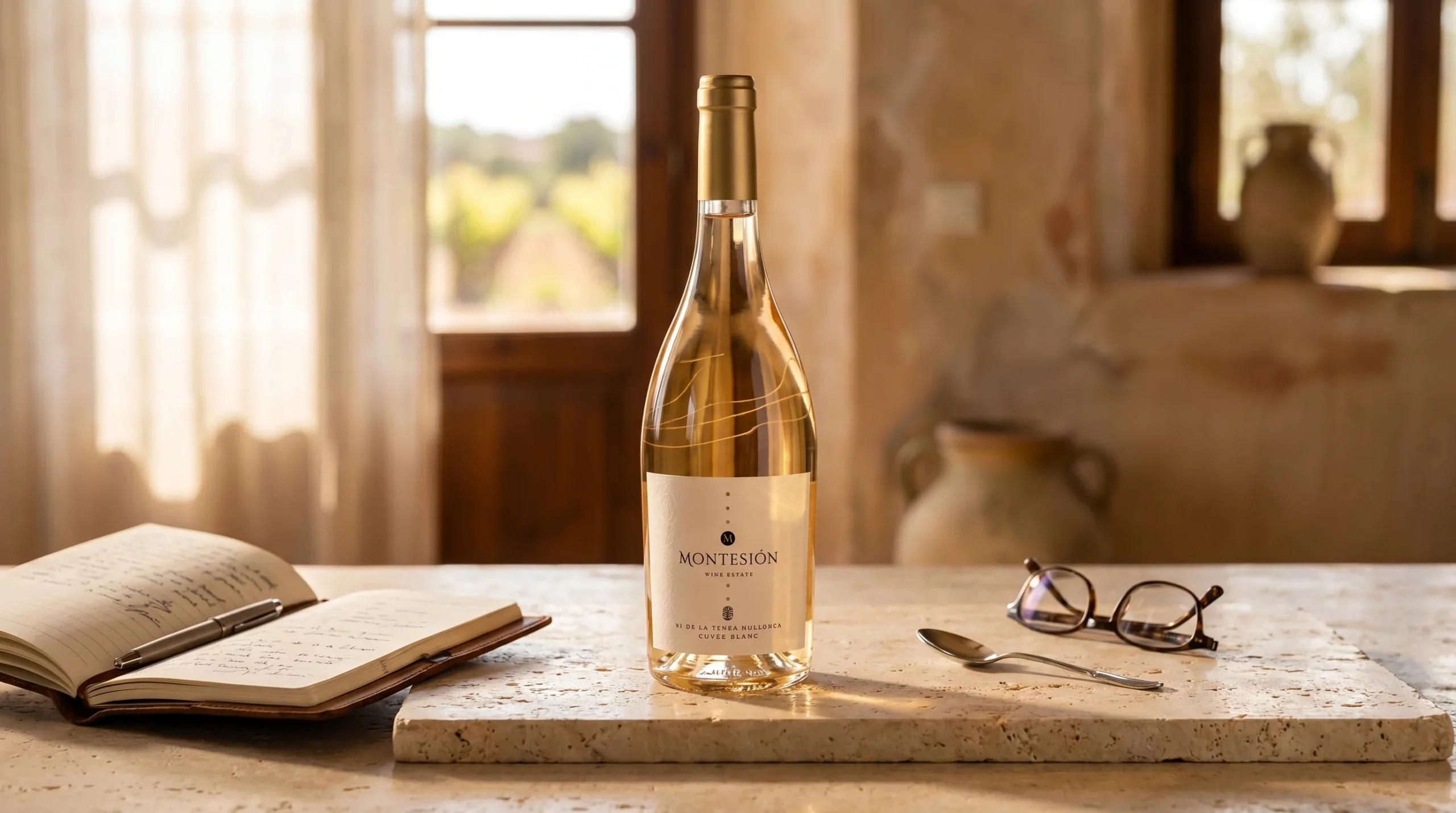 organic wine market — Rustic limestone surface with scattered dried herbs and soft Mediterranean afternoon sunlight, warm and authentic atmosphere, minimalist aesthetic.