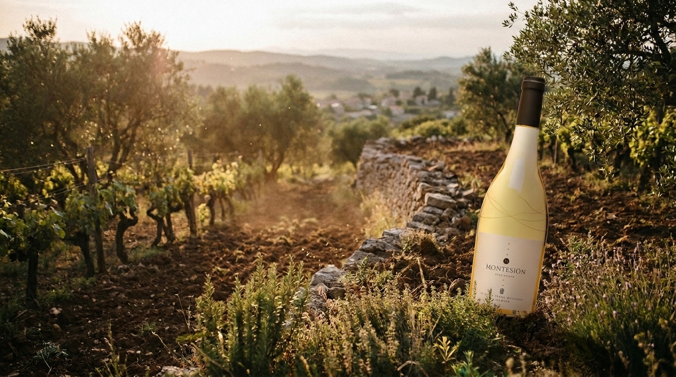 organic wine market — Freshly turned dark earth in a Mediterranean vineyard at dusk, soft golden light, wild herbs, rustic stone wall, serene and natural atmosphere.