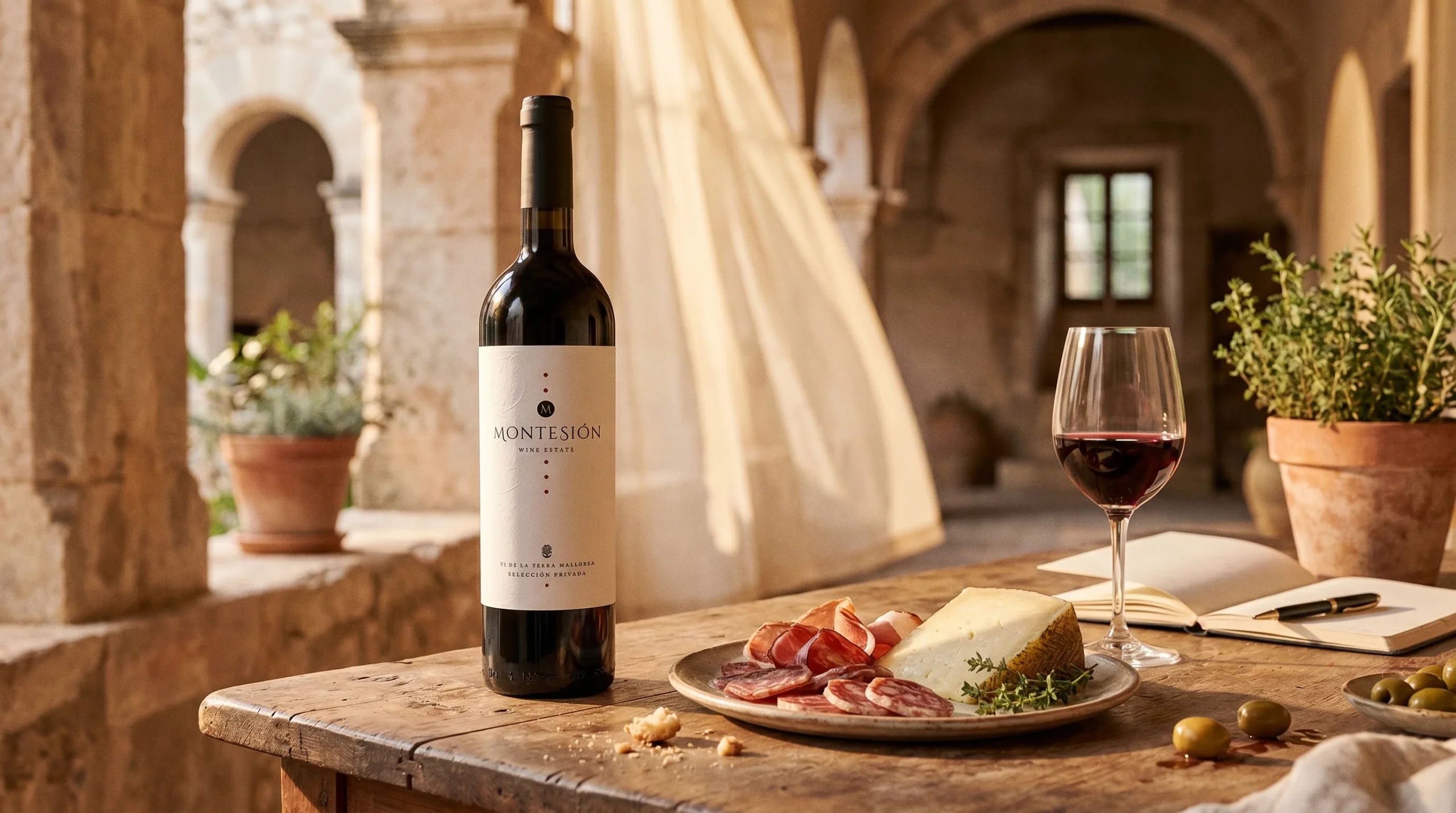 Pollença Wine Fair 2026 — Ancient stone cloister courtyard, warm Mediterranean golden hour light, weathered limestone textures, soft shadows, rustic atmosphere, elegant and historic.