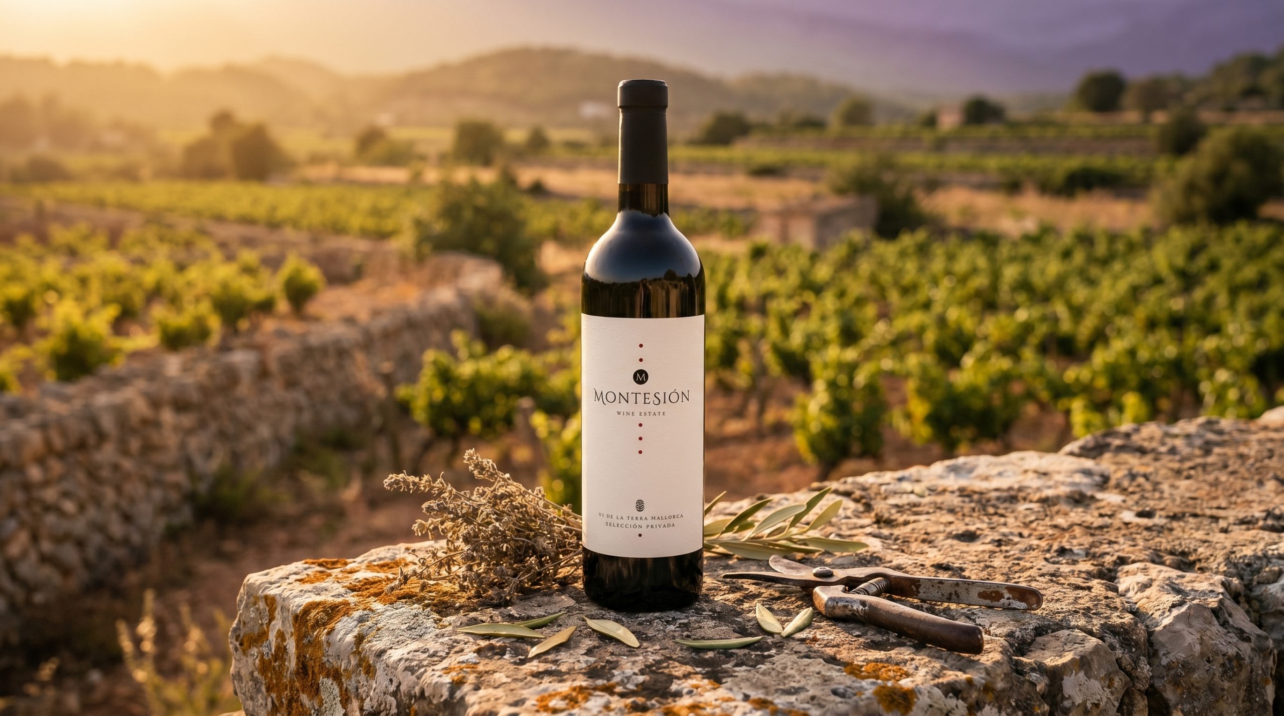 Mallorca wine — Sun-drenched Mediterranean vineyard in Mallorca, ancient stone walls, soft golden hour light, lush green vines, rustic and serene atmosphere.