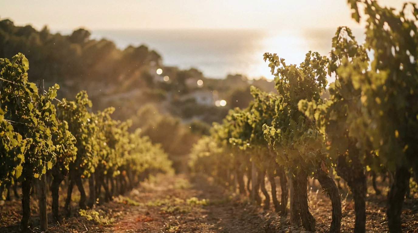 prensal blanc wine — Sun-drenched vineyard in Mallorca with rows of vines, Mediterranean sea in background, soft golden hour lighting, high quality.