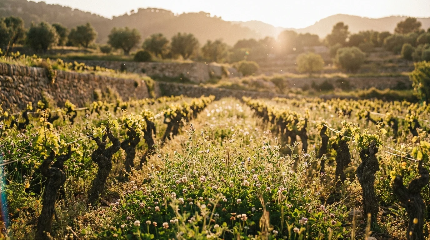 viñedo biodinámico — Sun-drenched biodynamic vineyard in Mallorca, rows of vines, lush cover crops, Mediterranean landscape, soft golden hour lighting.