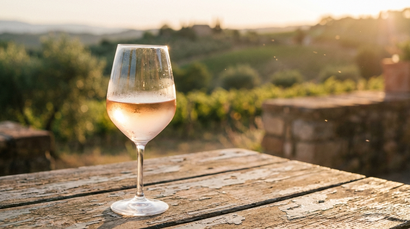 summer rosé wine styles — A chilled glass of pale rosé wine on a rustic wooden table, Mediterranean vineyard background, soft golden hour lighting.