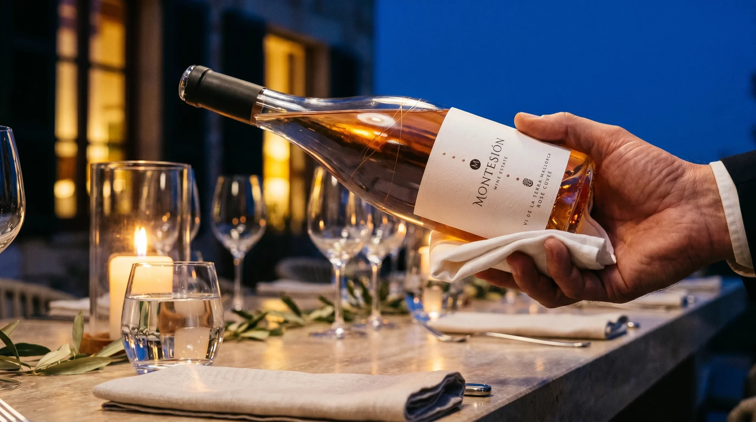 sustainable wine tourism mallorca — Limestone slab with regional charcuterie and cheese plate, herb sprig, single matte stoneware glass, warm Mediterranean afternoon light on a rustic stone terrace.
