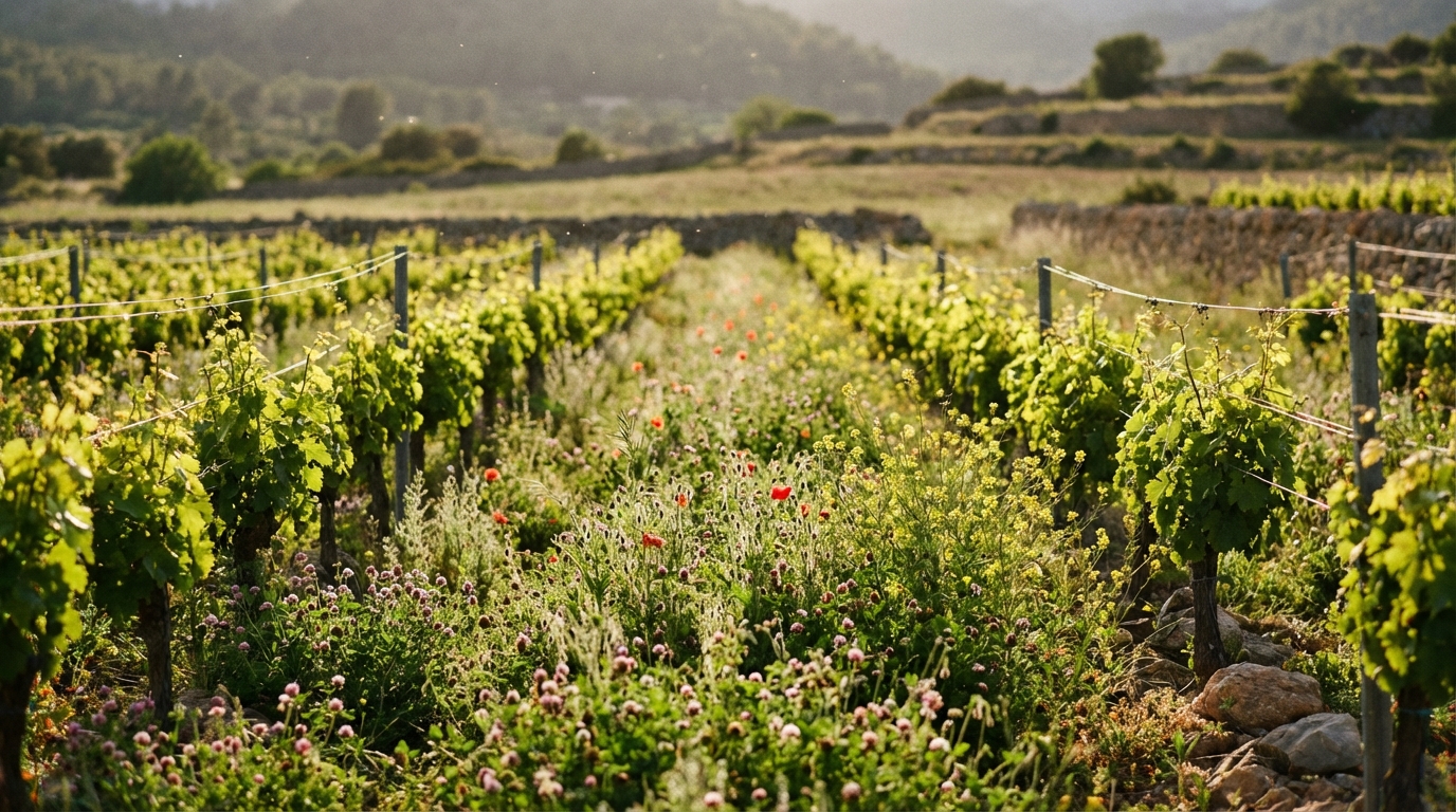 viñedo biodinámico certificado — Sunlit biodynamic vineyard in Mallorca with lush cover crops, Mediterranean climate, vibrant green vines, professional photography, high resolution.