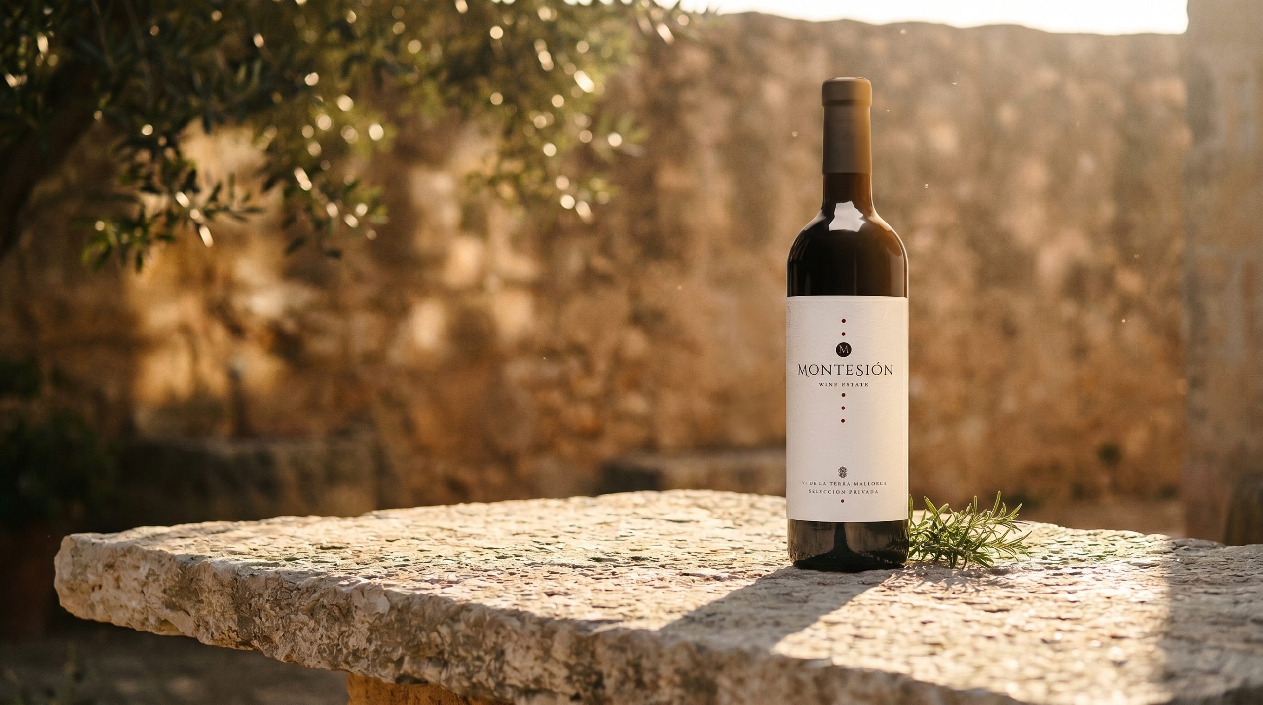 vino biodinámico Baleares — Rustic stone tabletop in a sun-drenched Mediterranean courtyard, warm golden hour light, textured limestone wall background, sprig of wild rosemary, elegant atmosphere.