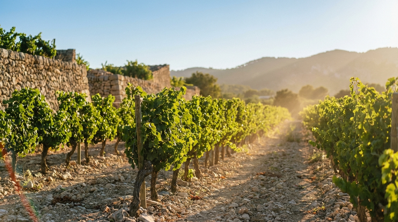 viognier wine mallorca — Vineyard rows on limestone soil in Mallorca, Mediterranean sunlight, lush green vines, blue sky, professional photography.