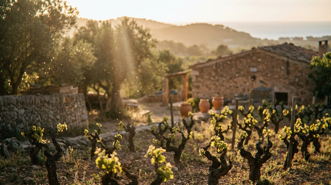 wine tasting mallorca — biodynamic vineyard in Mallorca, rows of vines, golden hour sunlight, Mediterranean landscape, authentic rustic wine estate atmosphere