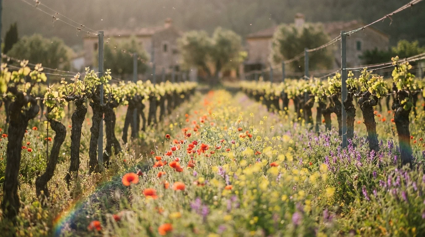 wine tasting mallorca — Spring vineyard in Mallorca with blooming cover crops between vine rows, soft Mediterranean sunlight, high resolution photography.
