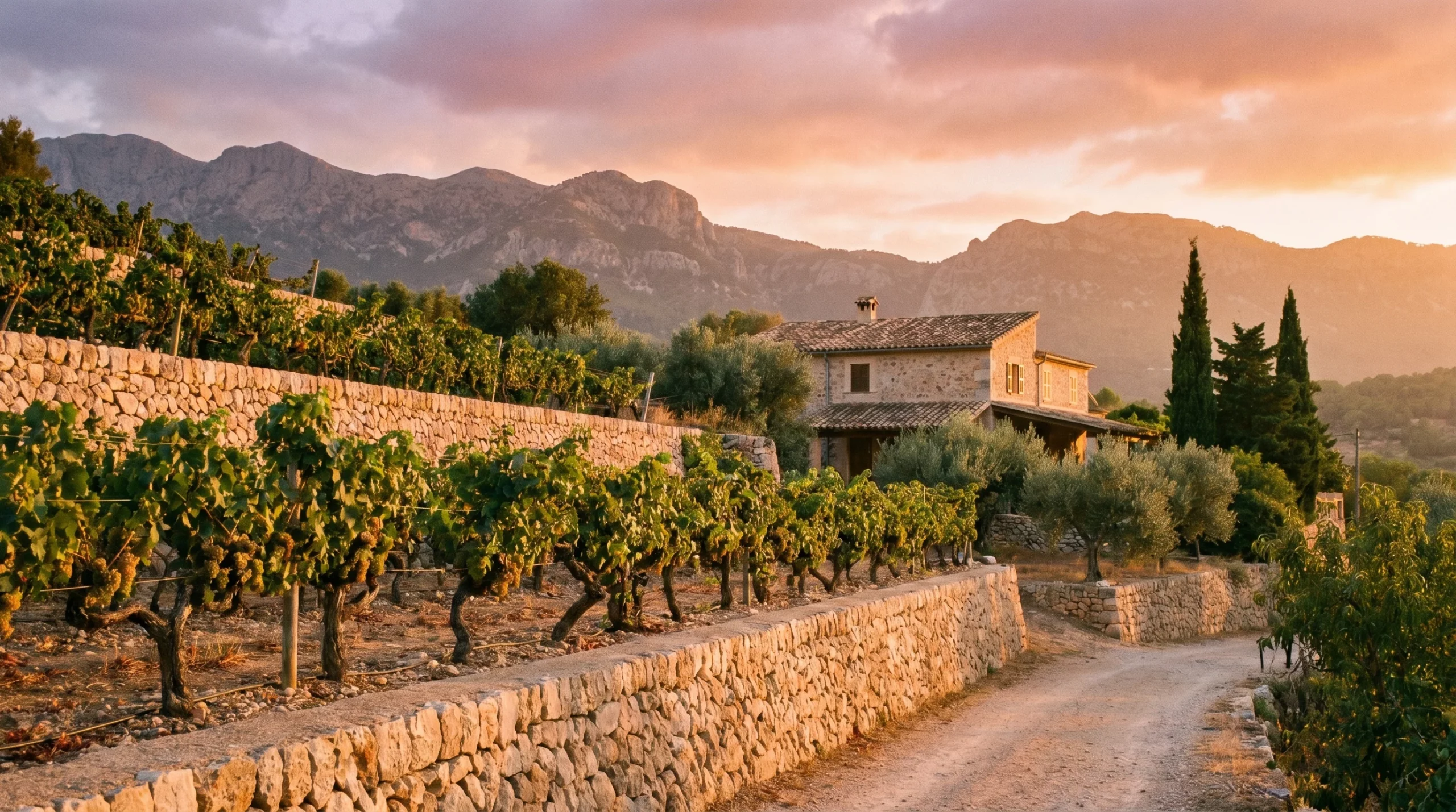 Sonnendurchflutete mediterrane Weinreben mit alten Stöcken im goldenen Licht, sanfte Hügel, rustikale Steinarchitektur, friedliche und authentische ländliche Atmosphäre.