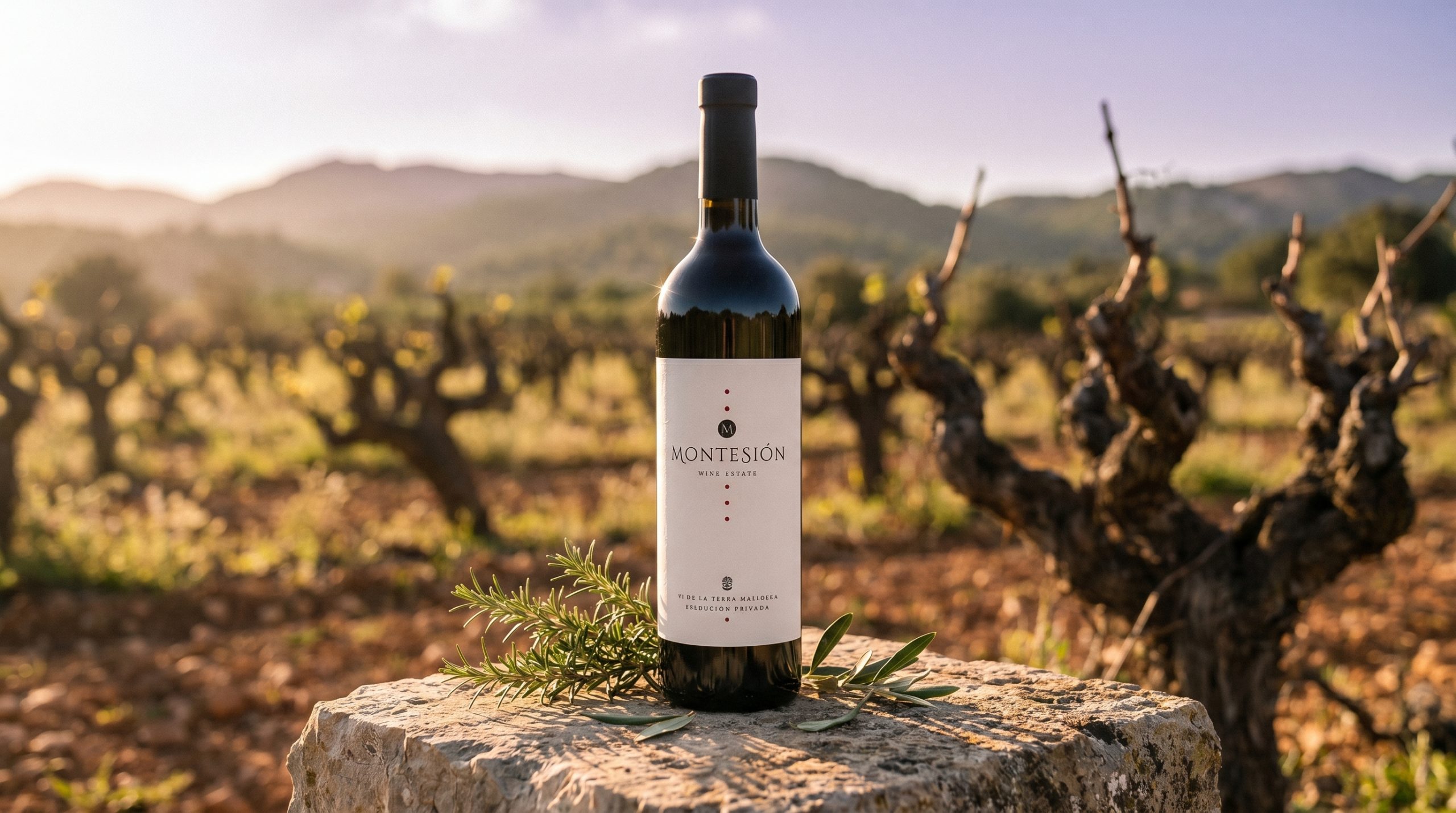 binissalem wine — Sun-drenched limestone vineyard in Mallorca, ancient gnarled vines, soft Mediterranean golden hour light, vibrant green leaves, authentic rustic terroir, peaceful atmosphere.