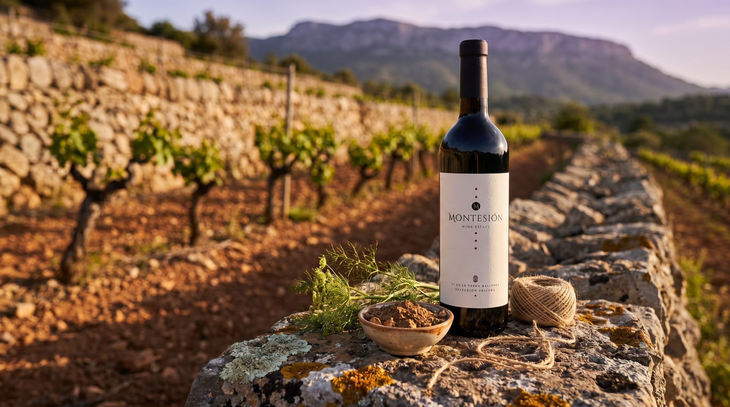 biodynamic viticulture principles — Sun-drenched limestone vineyard in Mallorca, vibrant green cover crops between vine rows, soft Mediterranean morning light, natural biodynamic landscape, serene and earthy.