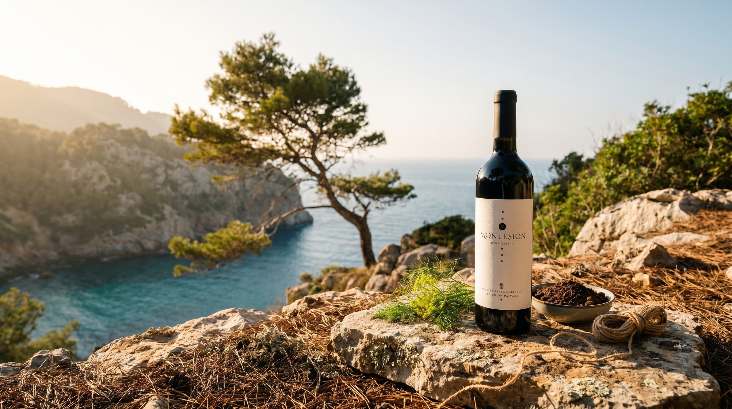biodynamic viticulture principles — Sun-drenched vineyard rows in Mallorca, golden hour light, vibrant green vines, rocky limestone soil, Mediterranean atmosphere, peaceful and natural.