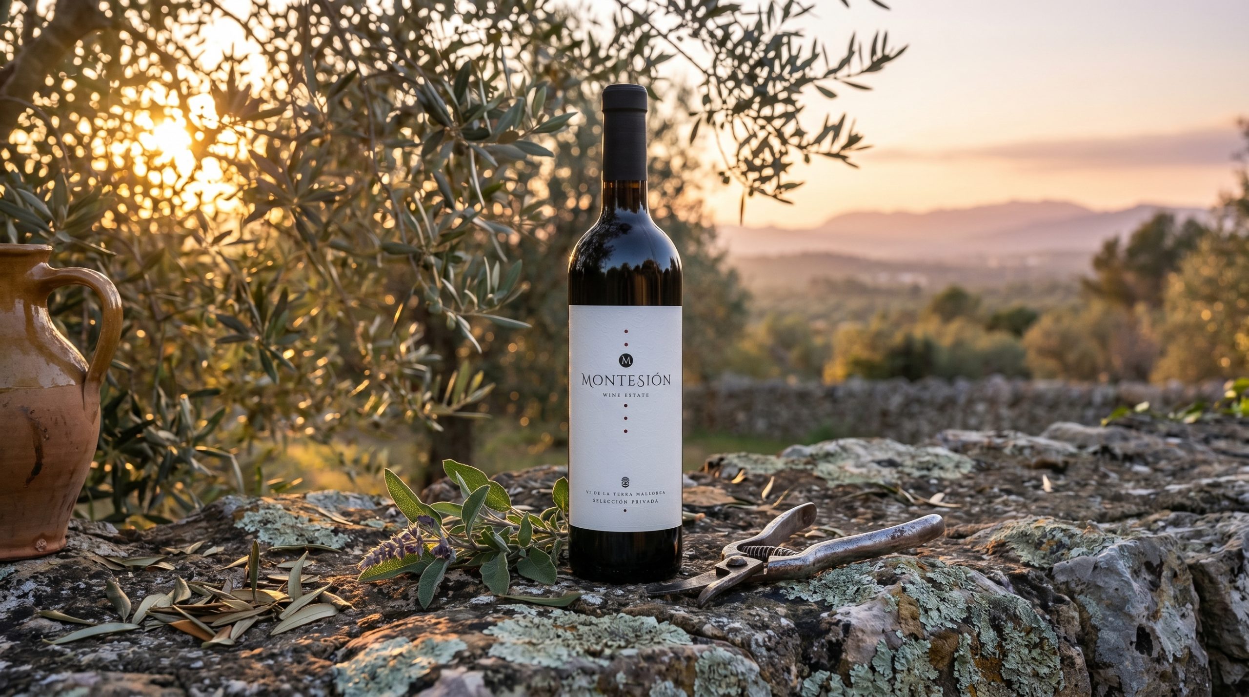 biodynamic wine vs natural wine — Sun-drenched Mediterranean vineyard rows in Mallorca, vibrant green vines, rich soil, soft morning light, peaceful biodynamic estate atmosphere.