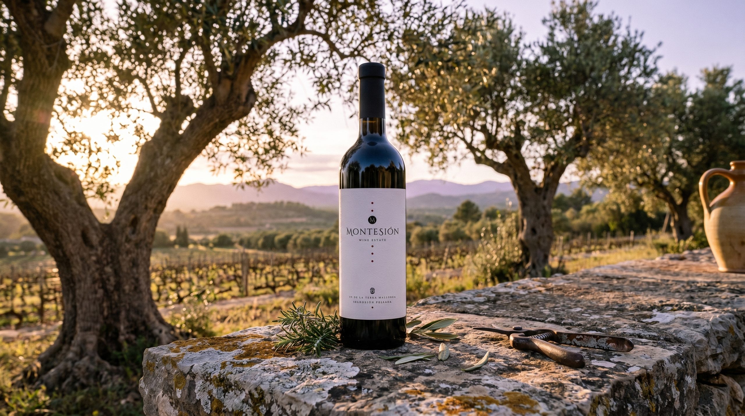 biodynamic vs natural wine — Sun-drenched Mediterranean vineyard rows, limestone soil, vibrant green vines, soft golden hour light, peaceful rural Mallorca landscape, authentic biodynamic farm atmosphere.