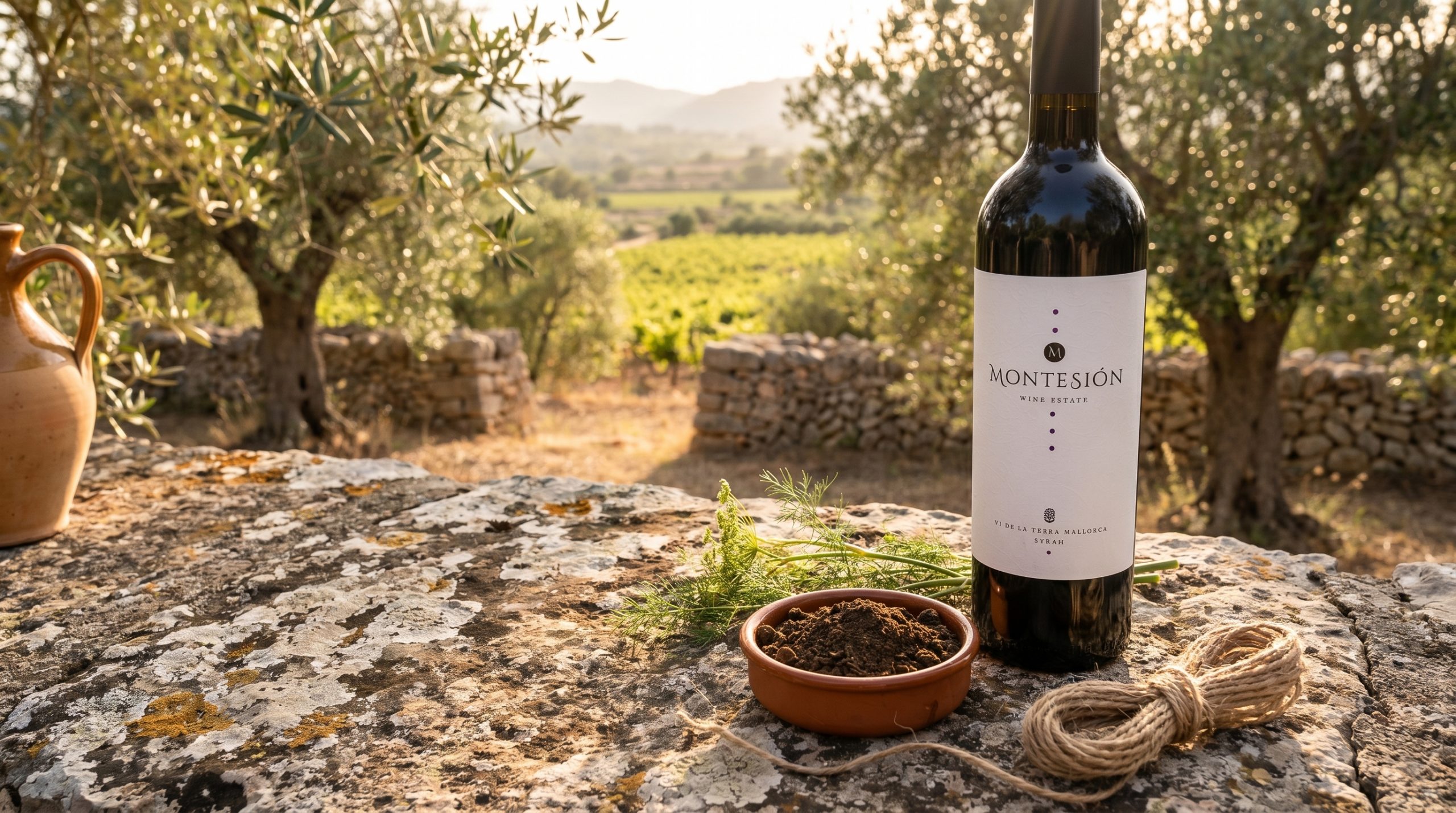 biodynamic vs natural wine — Sun-drenched Mallorcan vineyard rows with ancient vines, limestone soil, soft Mediterranean light, vibrant green foliage, serene and authentic agricultural landscape.