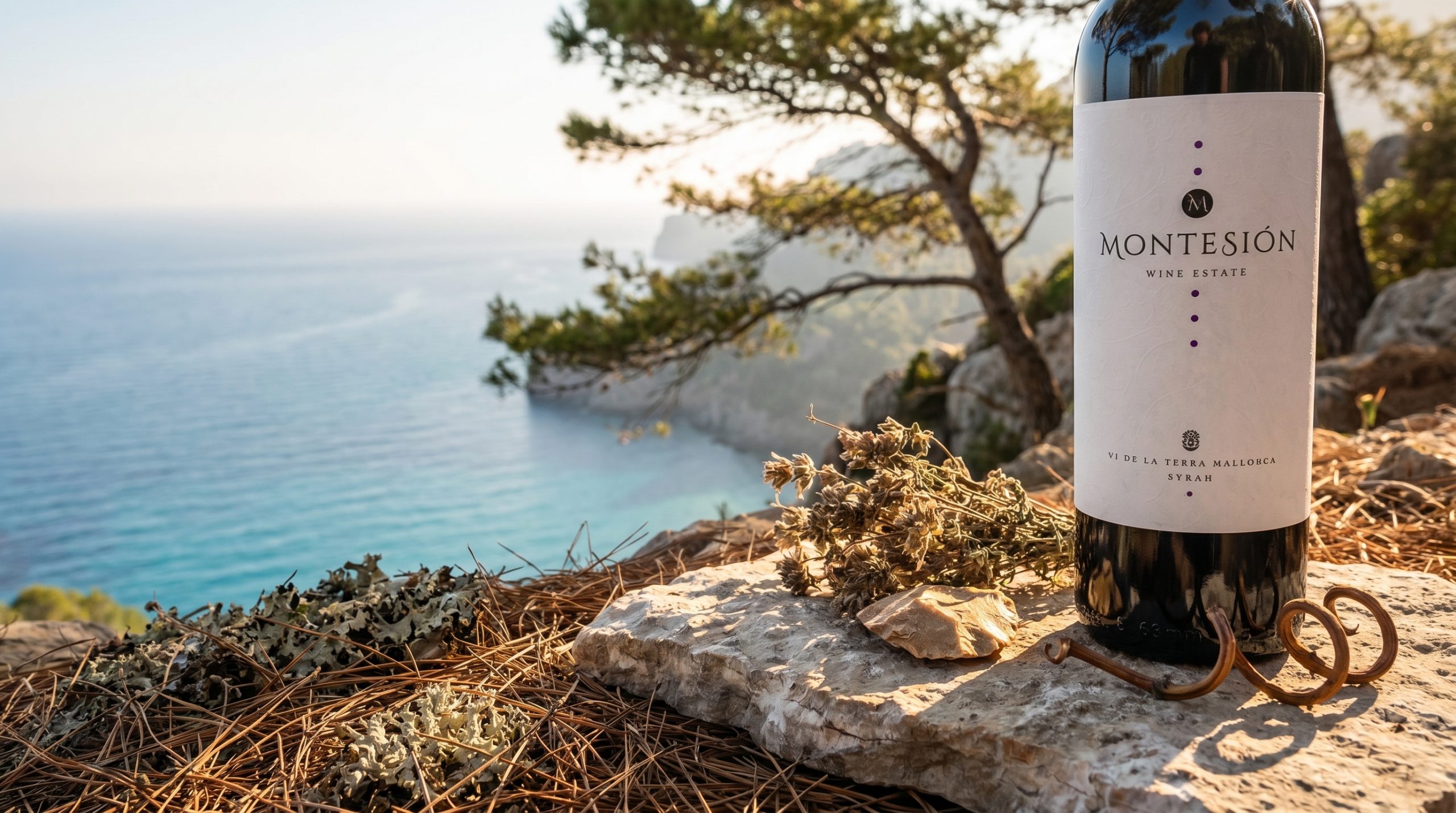 biodynamic wine labels — Sun-drenched Mediterranean vineyard rows in Mallorca, limestone soil, soft golden hour light, lush green vines, serene and authentic agricultural landscape.