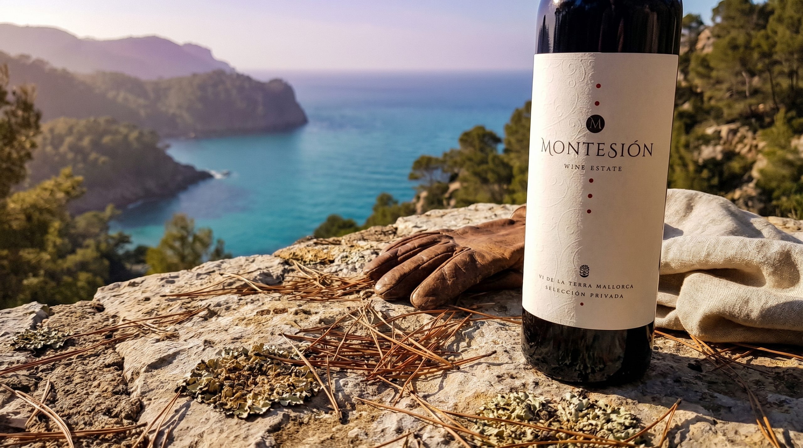 biodynamic wine Spain — Sun-drenched limestone vineyard in Mallorca, vibrant green vines, Mediterranean horizon, soft golden hour light, biodynamic farming, natural harmony, authentic terroir.