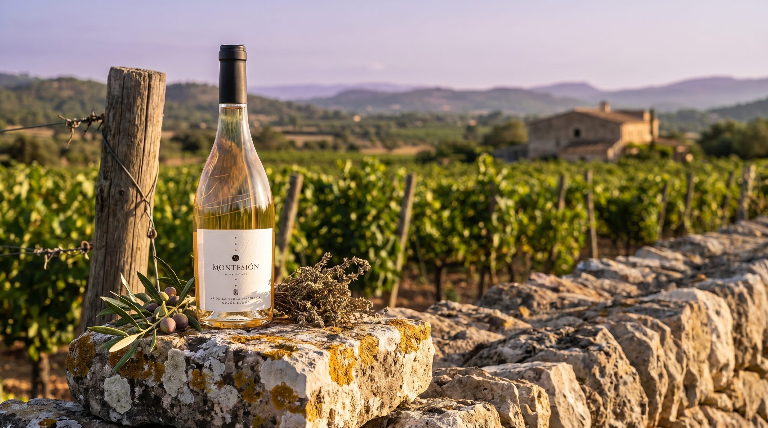 biodynamic wine Spain — Sun-drenched Mediterranean vineyard in Mallorca, limestone soil, vibrant green vines, soft golden hour light, peaceful and natural atmosphere.