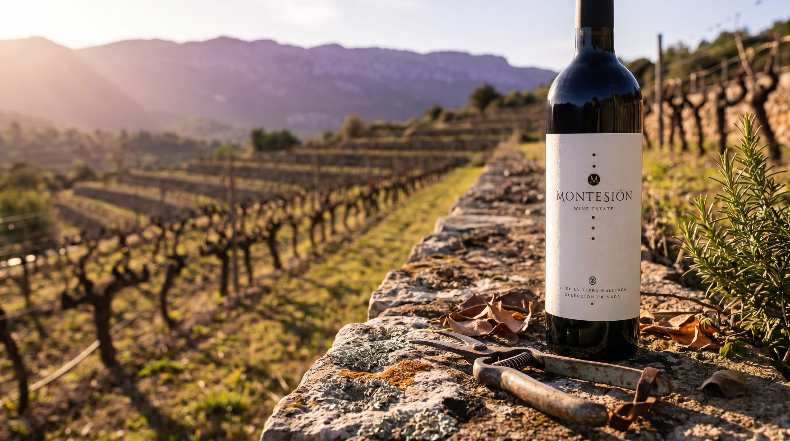 callet grape — Sun-drenched limestone vineyard in Mallorca, golden hour light, rows of ancient vines, vibrant green foliage, Mediterranean landscape, serene and natural atmosphere.