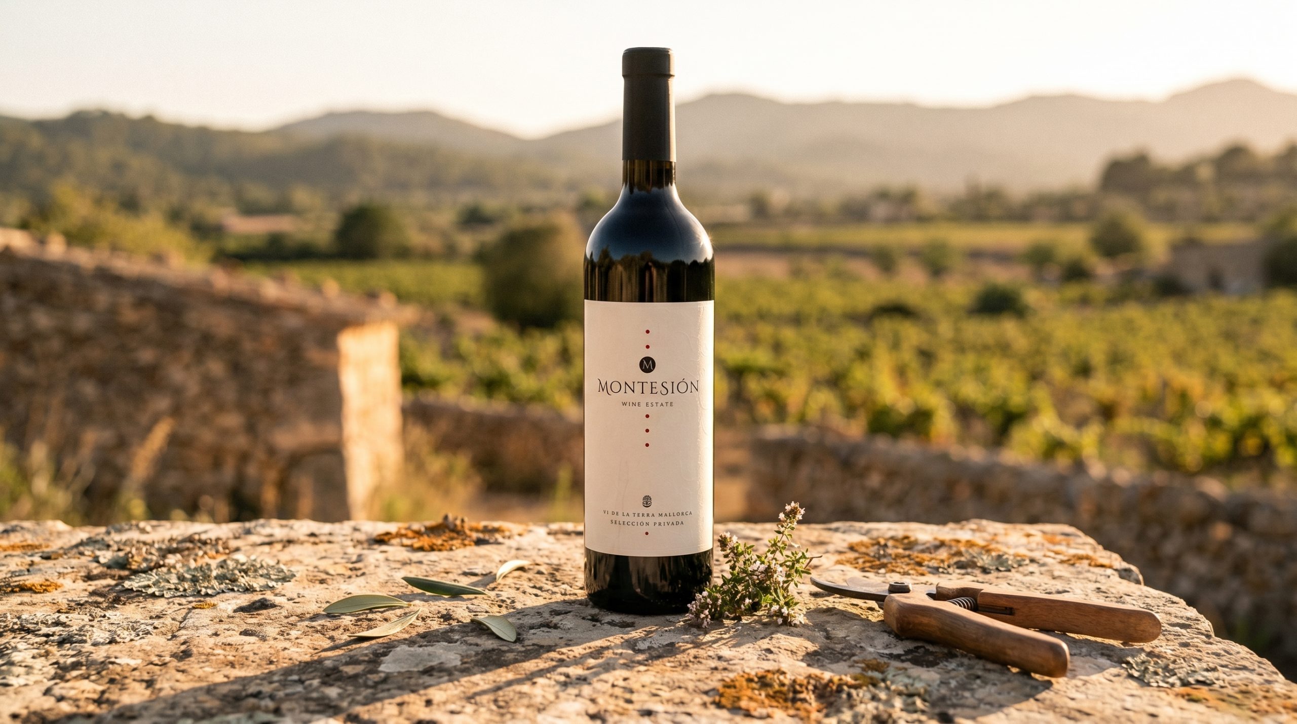 callet wine mallorca — Sun-drenched limestone vineyard in Mallorca, deep-rooted vines, golden hour light, Mediterranean breeze, authentic and serene atmosphere.