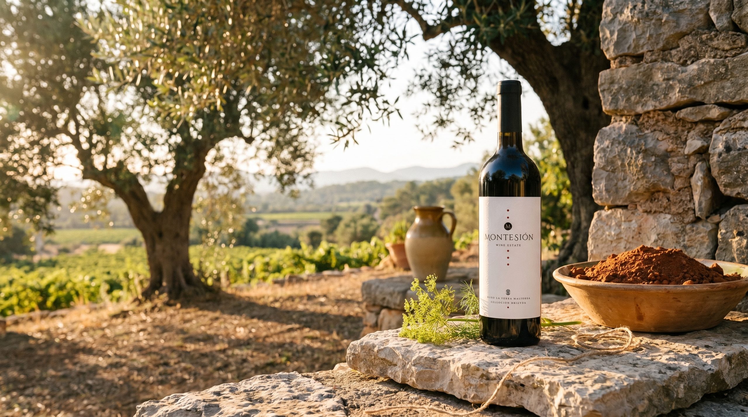 callet wine mallorca — Sun-drenched limestone vineyard in Mallorca, ancient gnarled vines, Mediterranean coastal breeze, golden hour lighting, authentic biodynamic farming landscape, serene and natural.