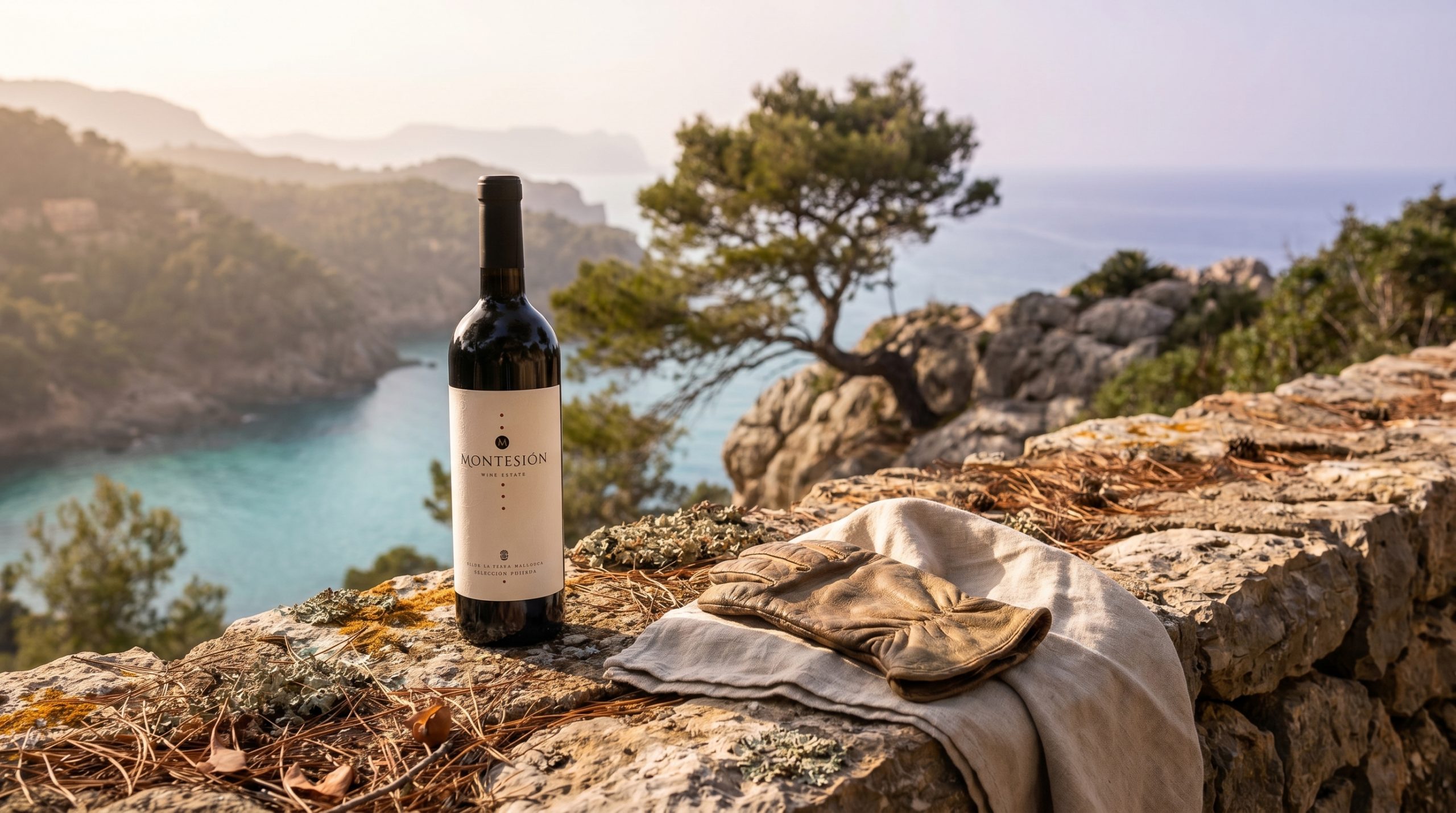Demeter certification — Sun-drenched limestone vineyard in Mallorca, vibrant green cover crops, deep blue Mediterranean sky, soft golden hour light, authentic biodynamic farming atmosphere.