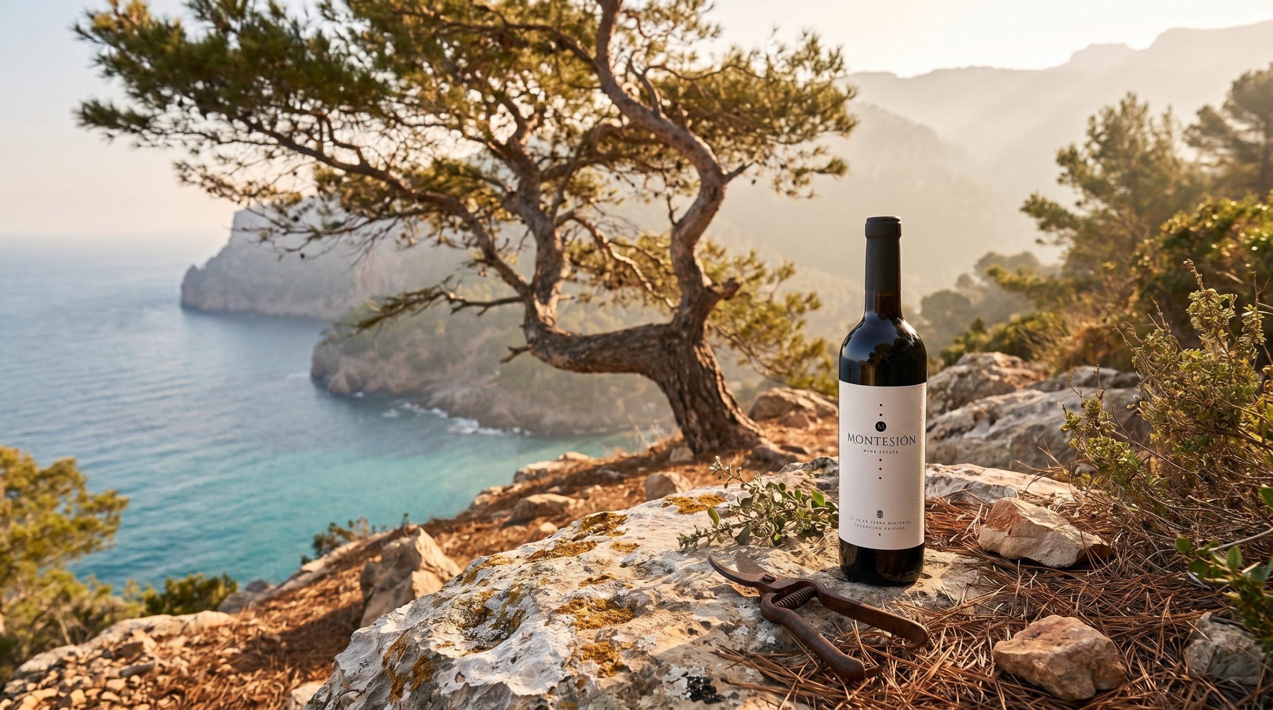 demeter certification — Sun-drenched Mallorcan vineyard with diverse cover crops, wildflowers, and ancient olive trees under a clear Mediterranean sky, vibrant and natural.