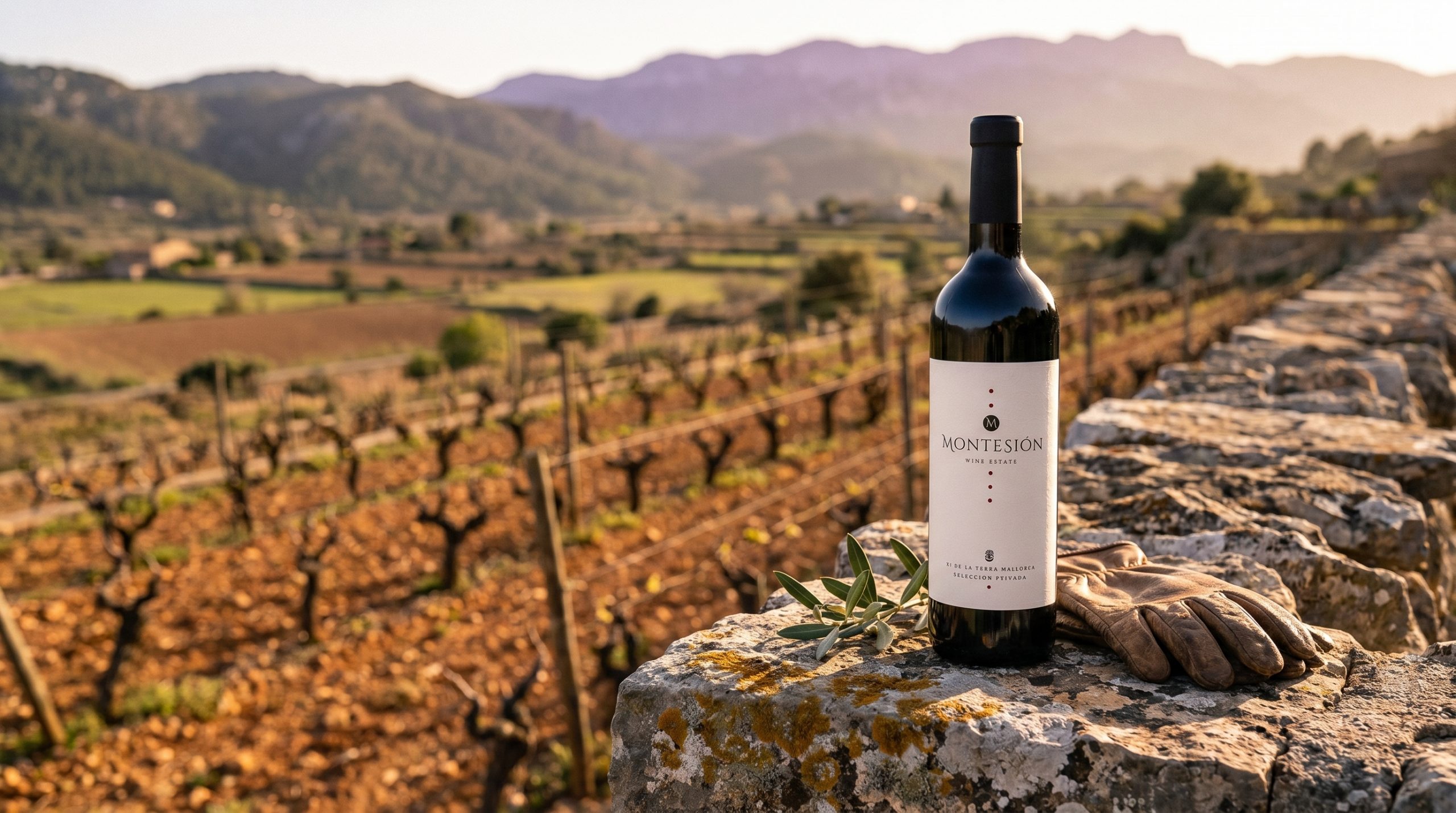 Demeter certification 2026 — Sun-drenched limestone vineyard in Mallorca, vibrant green cover crops between vine rows, soft Mediterranean golden hour light, peaceful and resilient natural landscape.