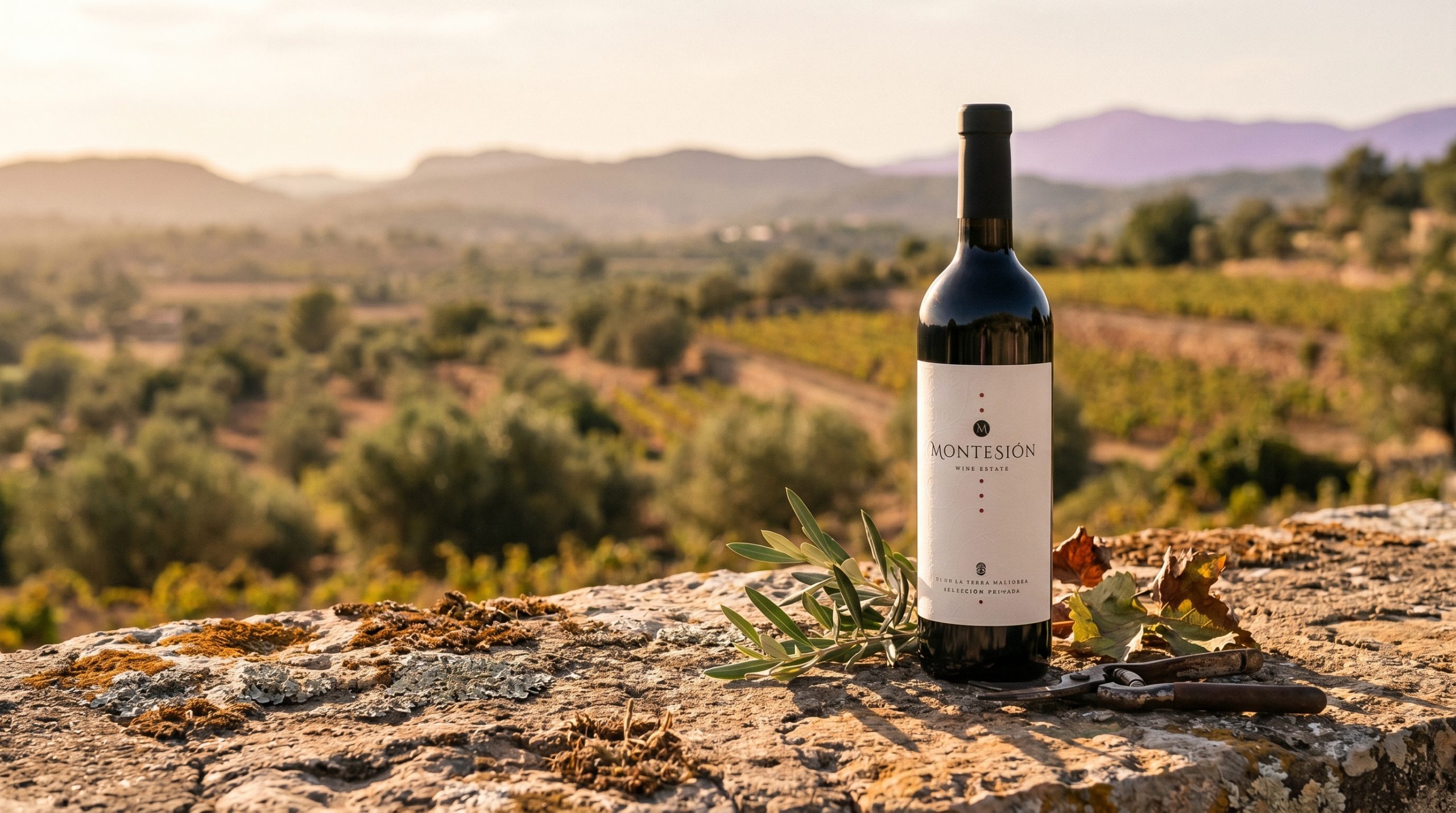 Demeter certification — Sun-drenched Mediterranean vineyard rows, vibrant green vines, rich soil, soft golden hour light, peaceful and natural atmosphere, Balearic Islands landscape.