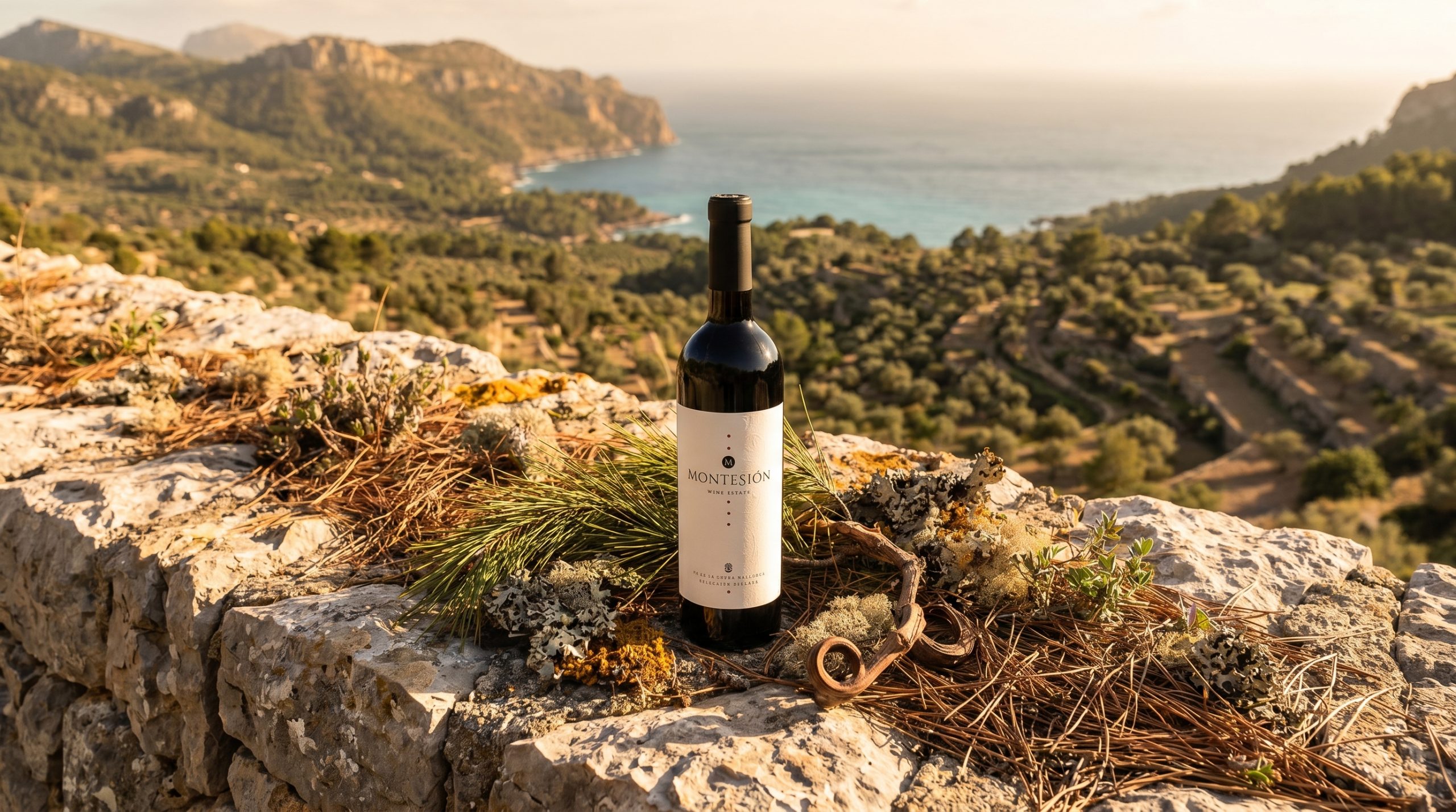 Demeter certification — Sun-drenched limestone vineyard in Mallorca, vibrant green cover crops between vine rows, golden hour light, Mediterranean landscape, lush and healthy soil texture.