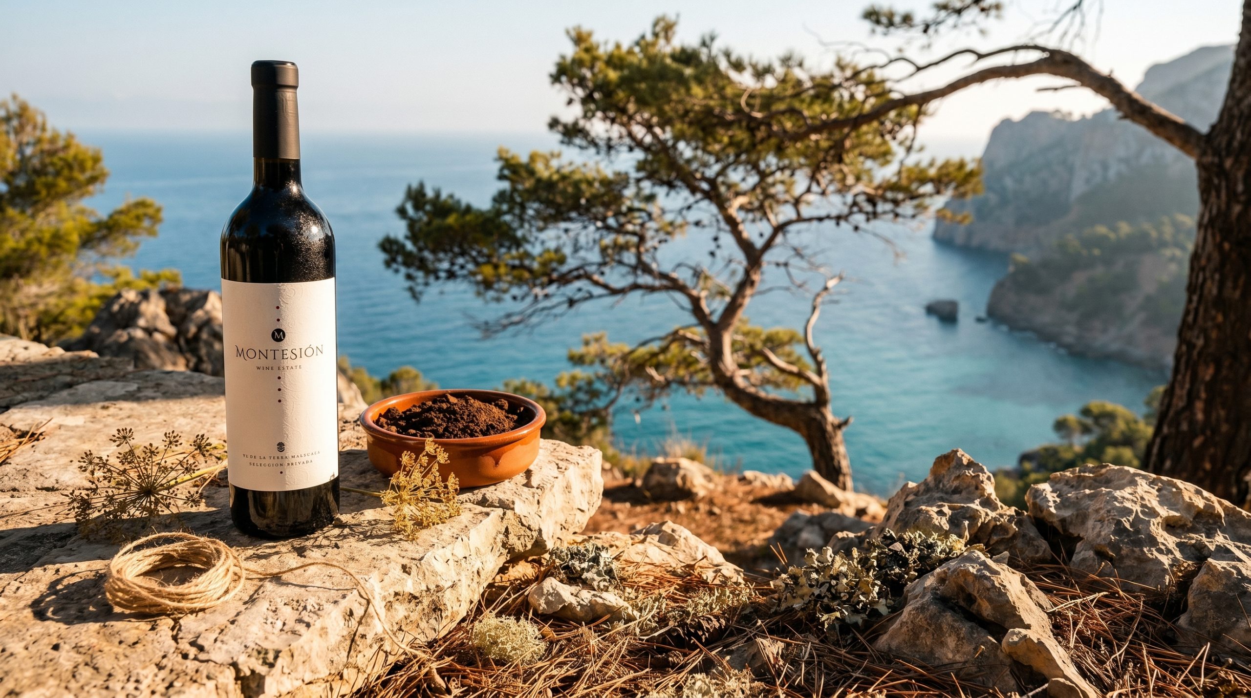 demeter certified wine — Sun-drenched limestone vineyard in Mallorca, vibrant green vines, Mediterranean coastal breeze, soft golden hour light, authentic biodynamic farming landscape, serene and natural.
