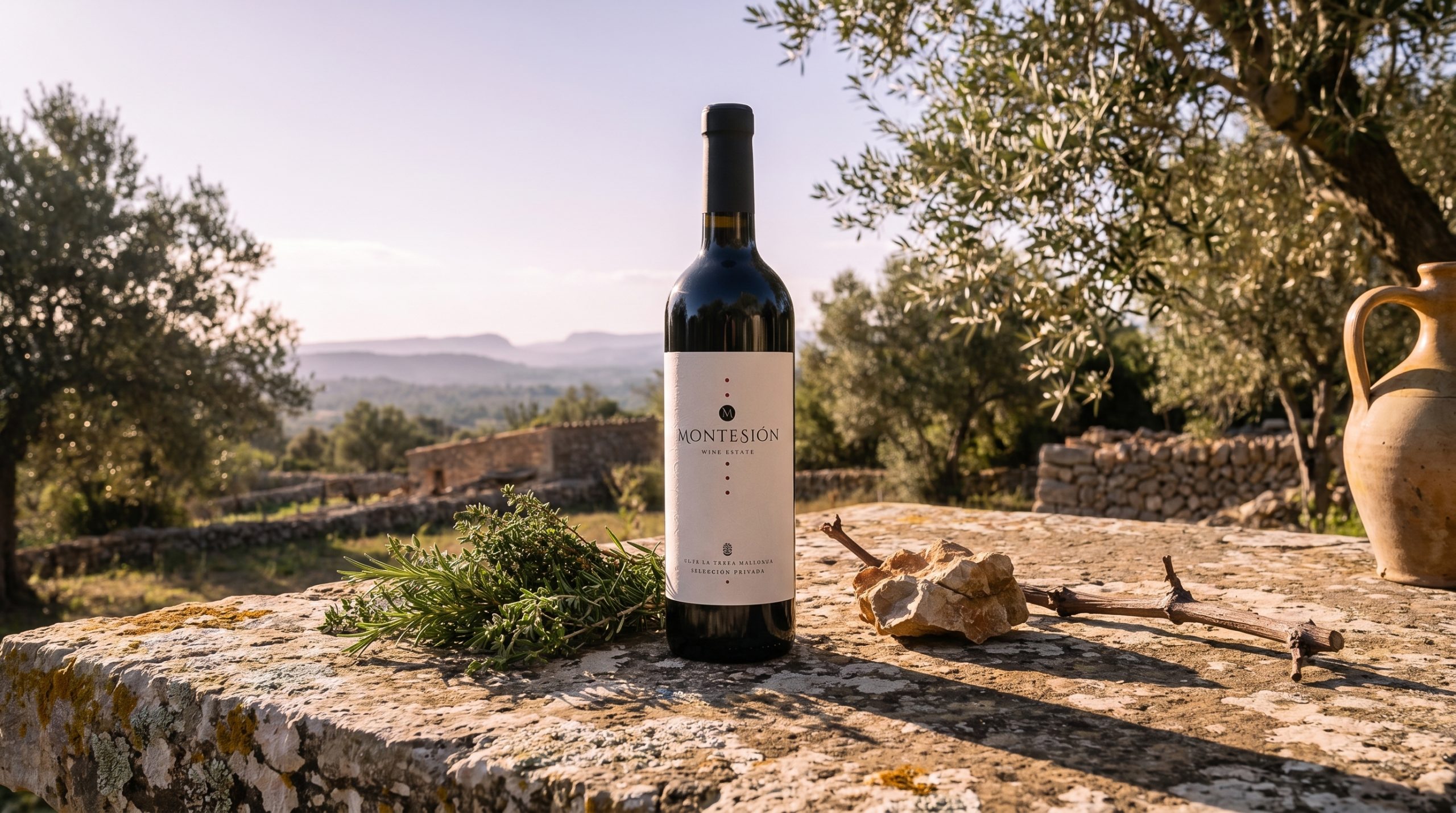 demeter wine certification — Sun-drenched Mediterranean vineyard rows in Mallorca, vibrant green cover crops, rich dark soil, soft golden hour light, peaceful and authentic atmosphere.