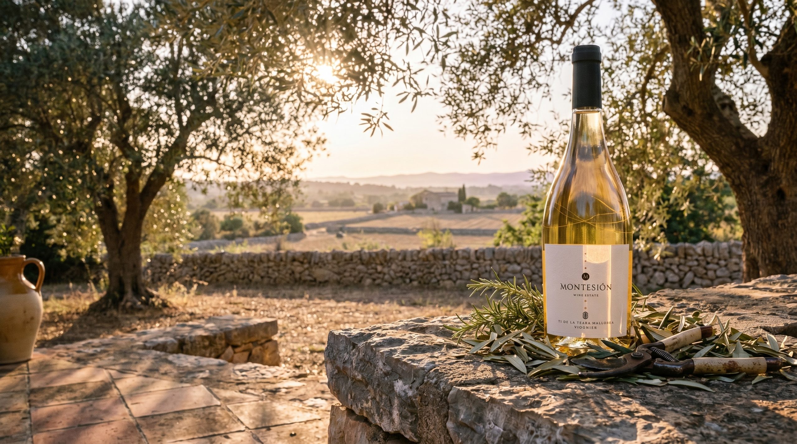 biodynamic wine — Sun-drenched Mediterranean vineyard rows with limestone soil, soft morning light, gentle sea breeze, lush green vines, authentic rustic atmosphere, high-end natural aesthetic.