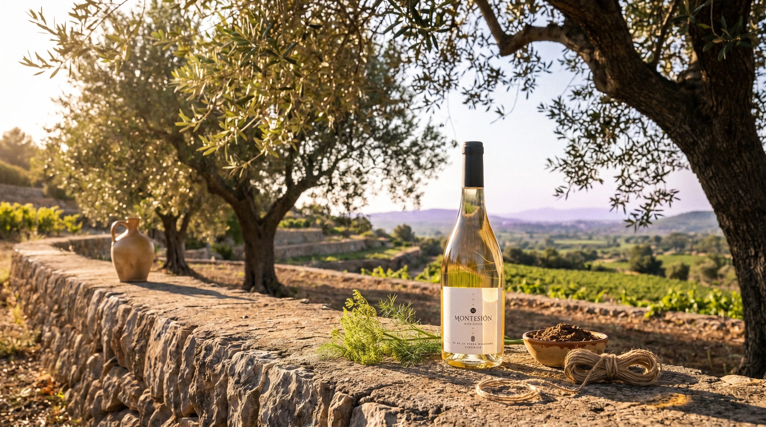 greenwashing wine — Sun-drenched Mediterranean vineyard rows in Mallorca, soft golden hour light, lush green vines, authentic biodynamic landscape, serene and natural atmosphere.