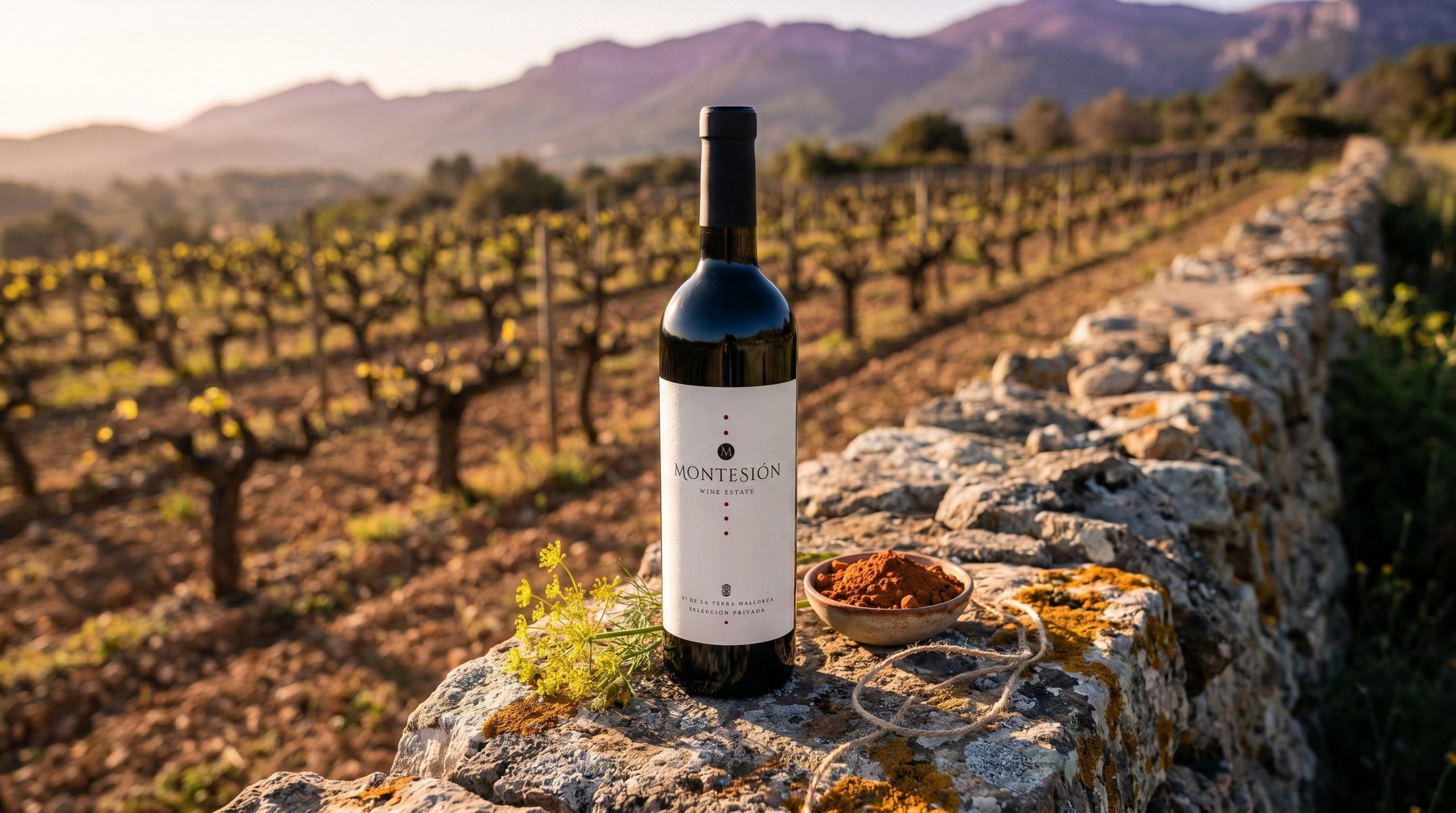 indigenous mallorca wine varieties — Sun-drenched ancient vineyard in Mallorca, iron-rich red soil, gnarled vines, Mediterranean light, serene and authentic atmosphere.