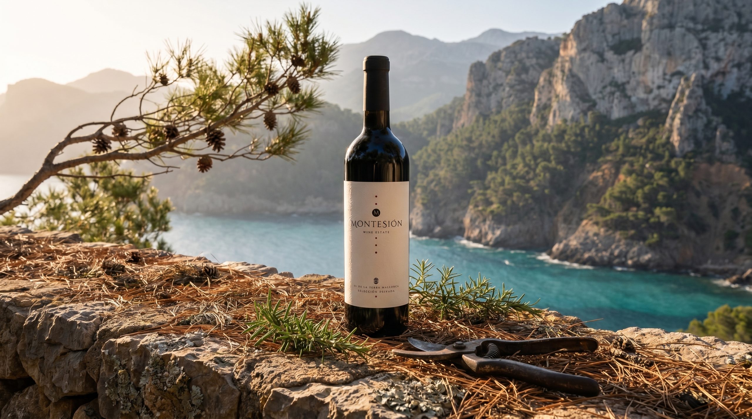 indigenous mallorcan grapes — Sun-drenched limestone vineyard rows in Mallorca, vibrant green vines under a clear Mediterranean sky, soft natural morning light, authentic rustic agricultural landscape.