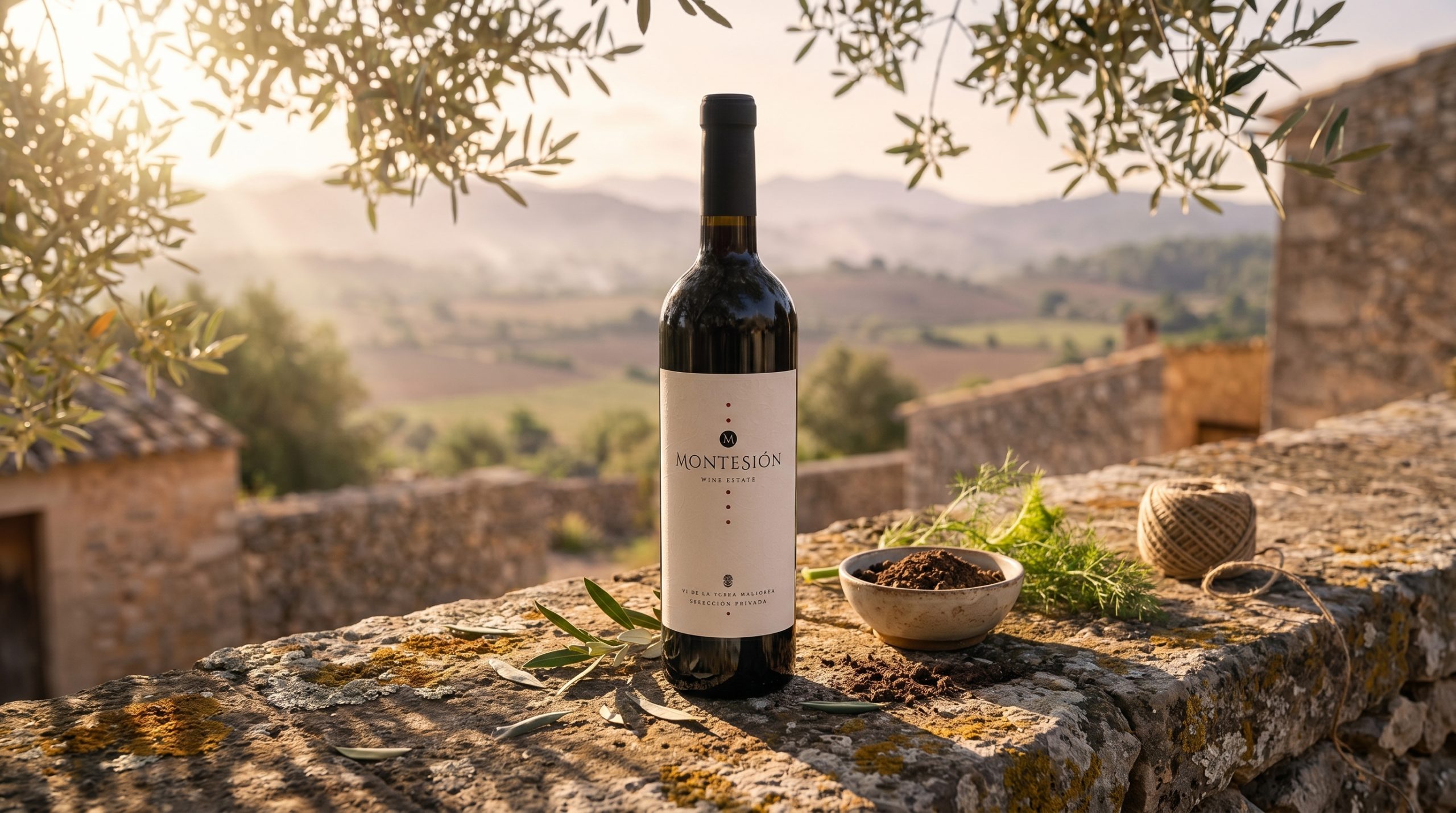 mallorca indigenous grape varieties — Sun-drenched limestone vineyard soil with deep-rooted ancient vines, dappled Mediterranean sunlight filtering through green canopy, rustic stone walls in the background, warm earthy atmosphere.