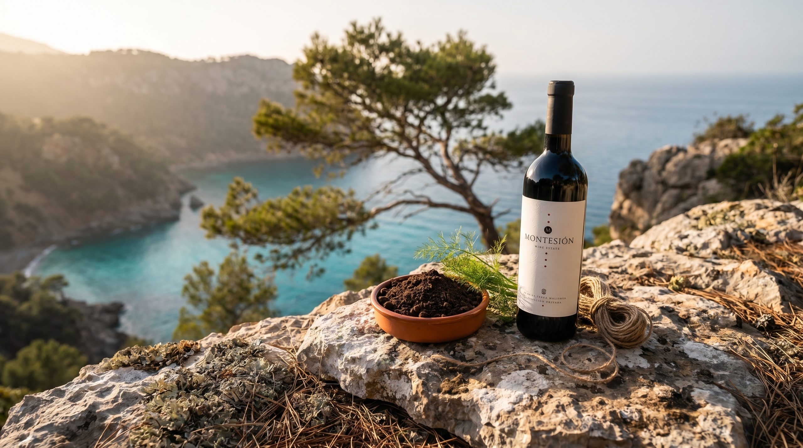mallorca indigenous grape varieties — Sun-drenched vineyard rows in Mallorca, rocky limestone soil, vibrant green vines under clear Mediterranean sky, warm golden hour lighting, authentic rustic atmosphere.