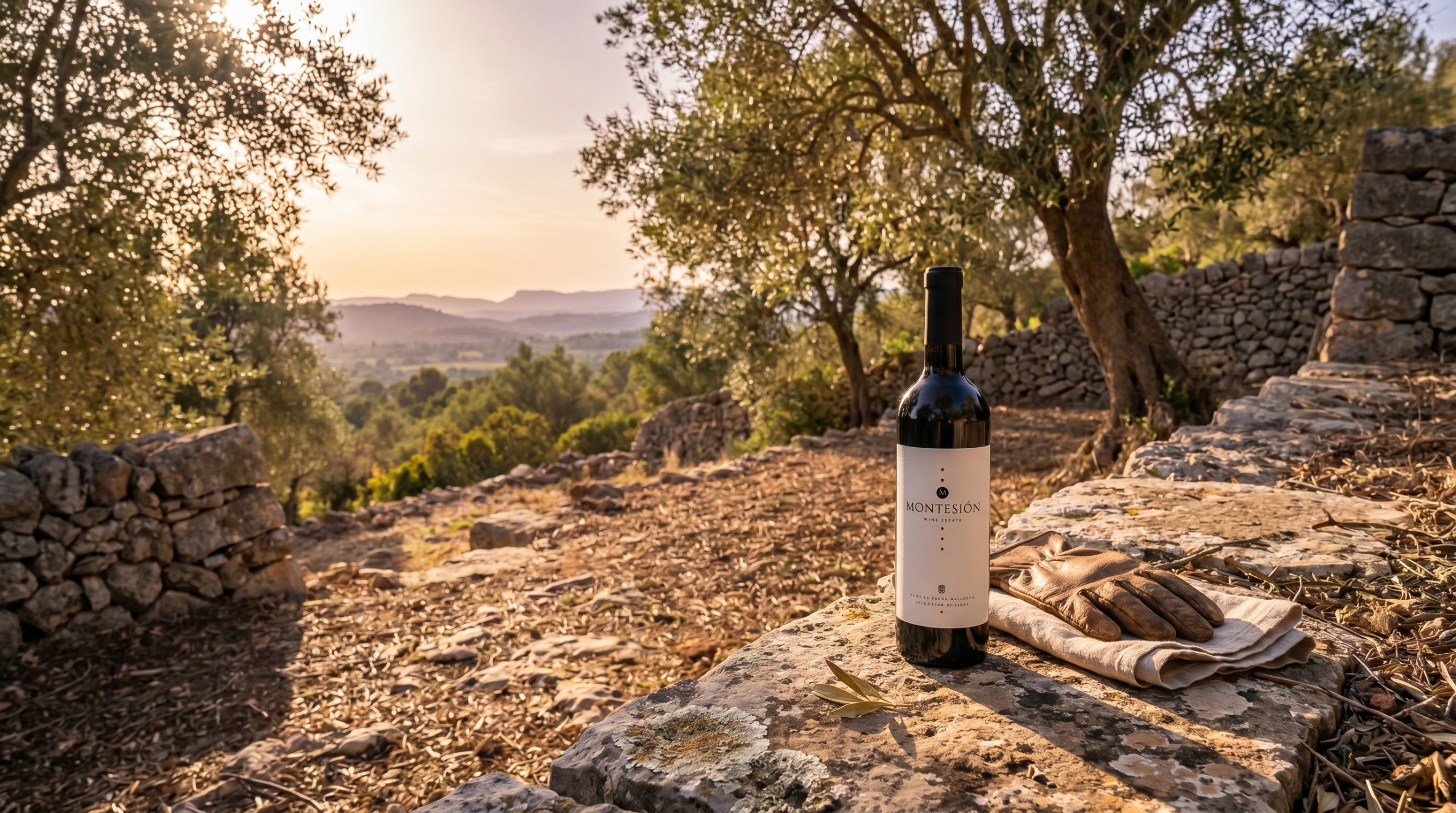 mallorca indigenous grapes — Sun-drenched limestone vineyard in Mallorca, ancient vines with deep roots, Mediterranean sea breeze, golden hour lighting, authentic rustic terroir.