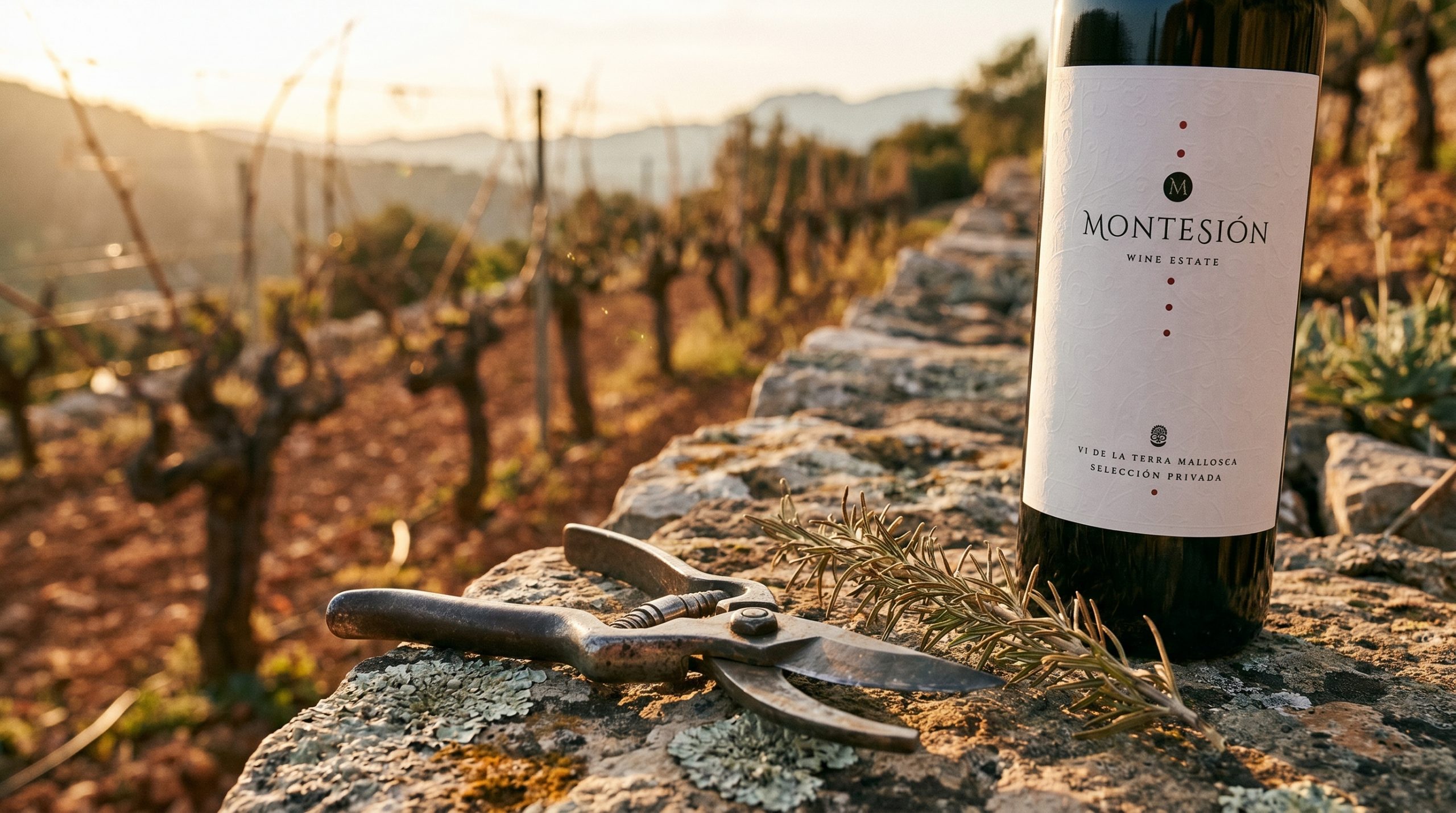 Mallorca wine — Sun-drenched Mediterranean vineyard in Mallorca, golden hour light, ancient stone walls, lush green vines, serene and natural atmosphere.