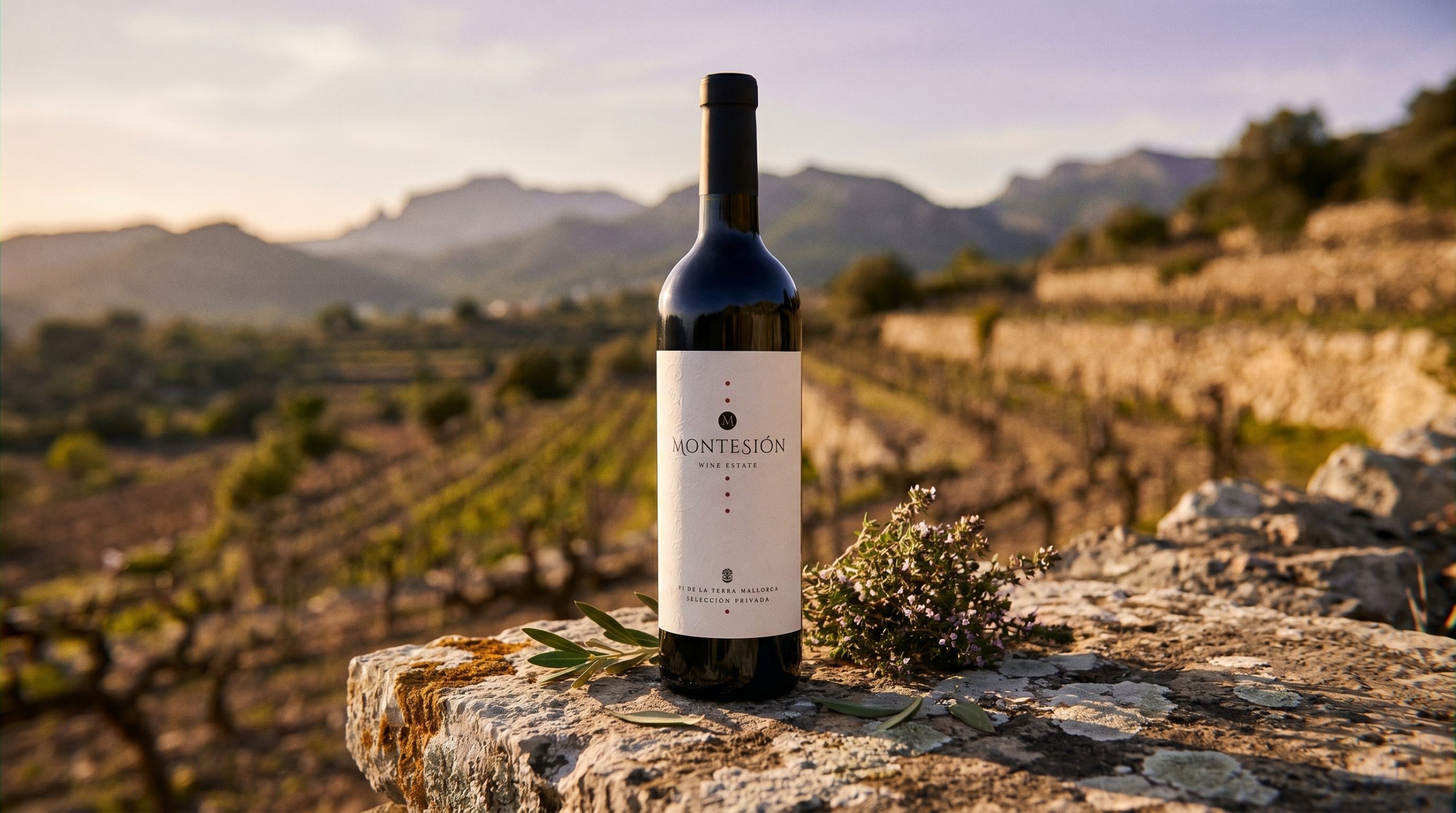 mallorca wine guide — Sun-drenched limestone vineyard terraces in Mallorca, soft Mediterranean light, lush green vines, distant mountain peaks, serene and natural atmosphere.