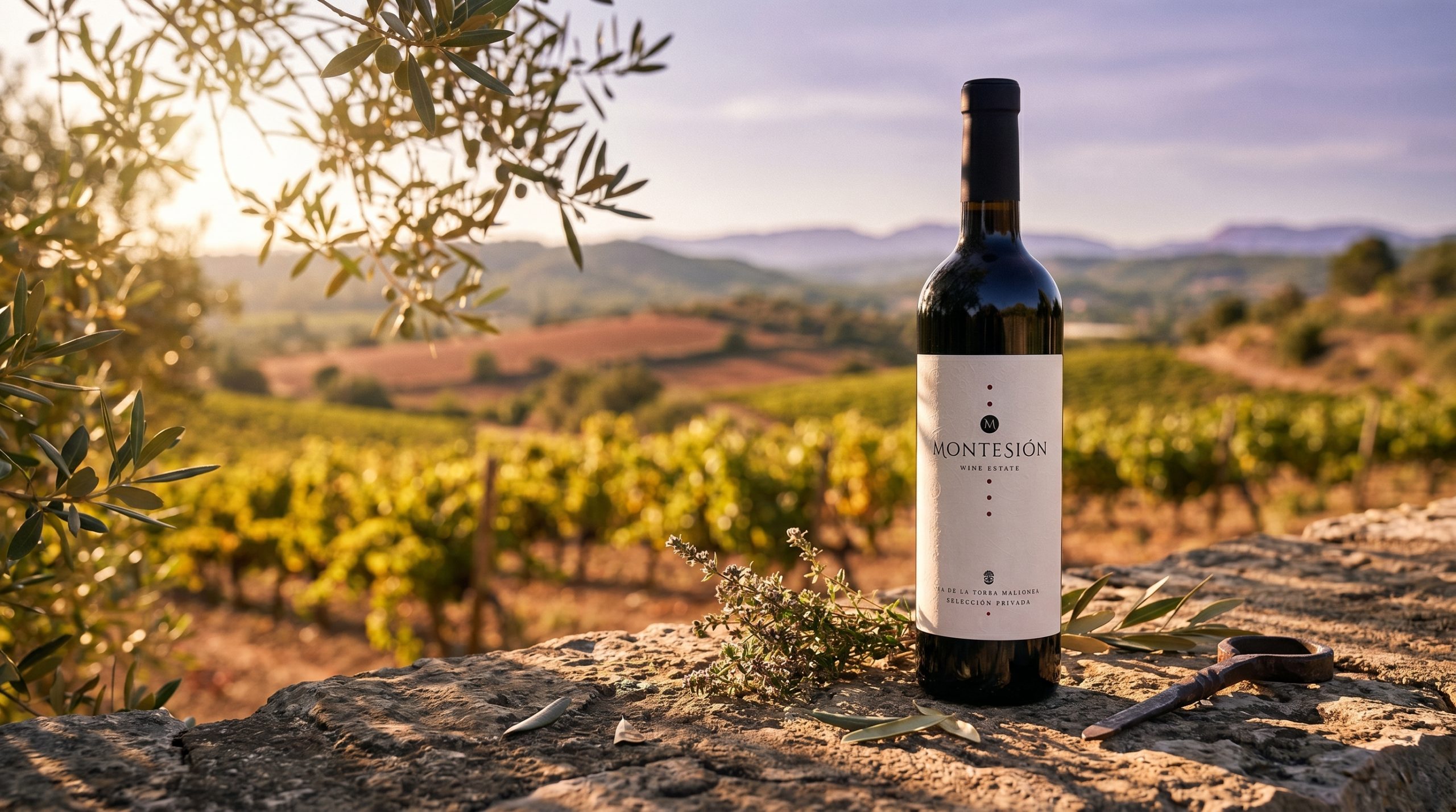 mallorca wine region — Sun-drenched limestone vineyard rows in Mallorca, soft Mediterranean light, vibrant green vines against rocky soil, serene and natural atmosphere.