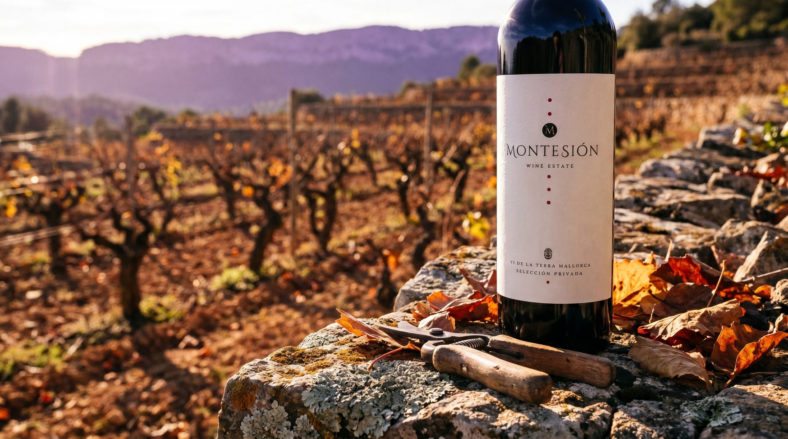 Mallorca wine strategy — Sun-drenched limestone vineyard in Mallorca, ancient vines under a clear Mediterranean sky, soft golden hour light, rustic and serene atmosphere.