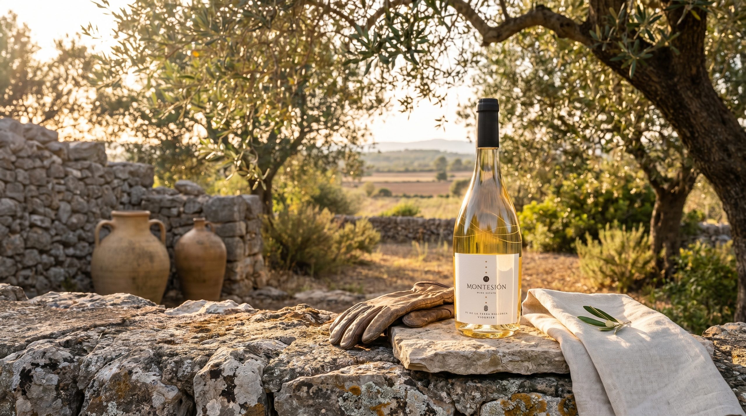 mallorca wine tasting notes — Sun-drenched limestone vineyard in Mallorca, golden hour light, Mediterranean scrub brush, vibrant green vines, authentic biodynamic farming landscape, soft natural atmosphere.